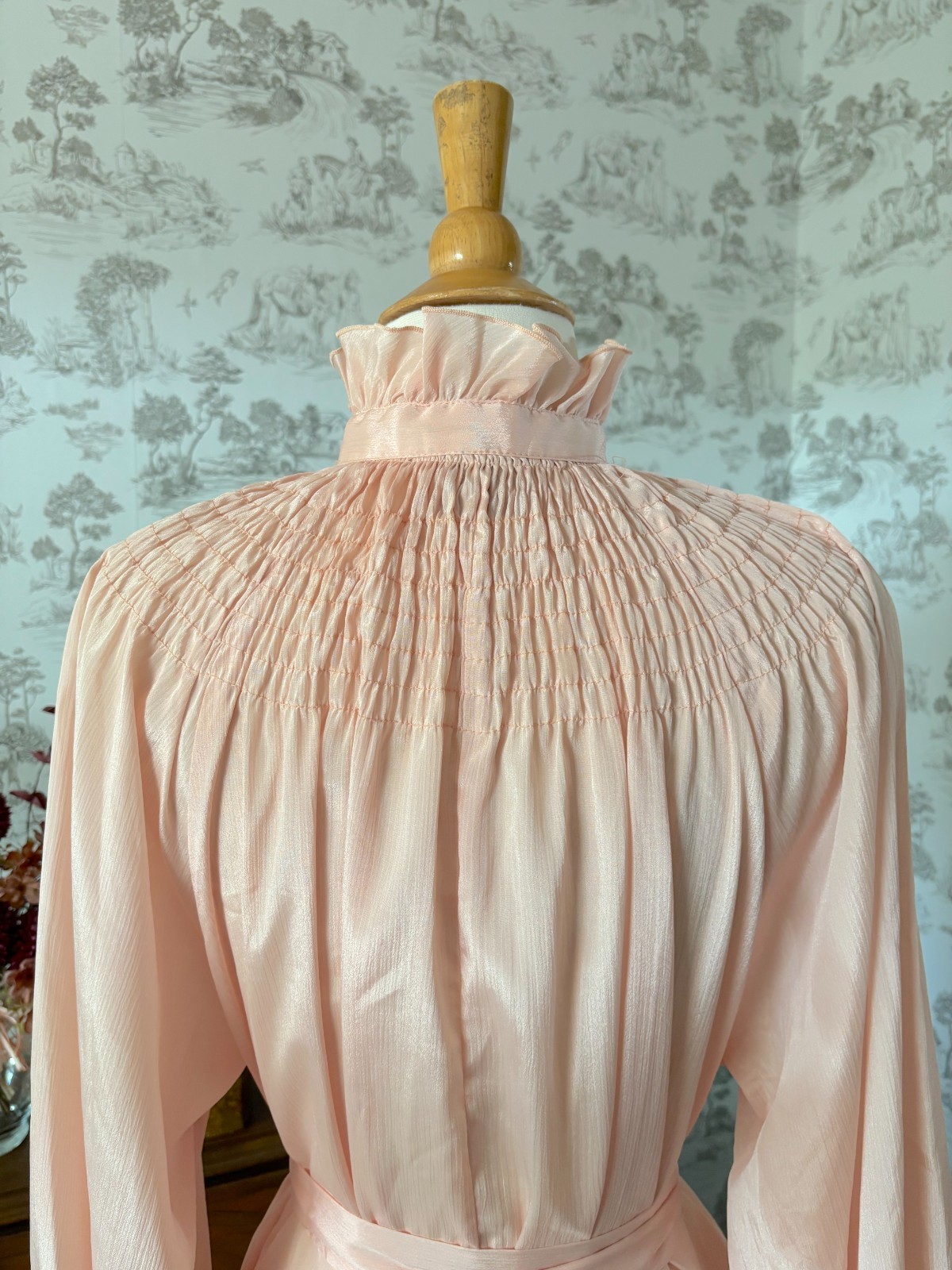 Vintage 70s The French Clique Pink Ruffle Smocked Button Down Blouse: Coquette