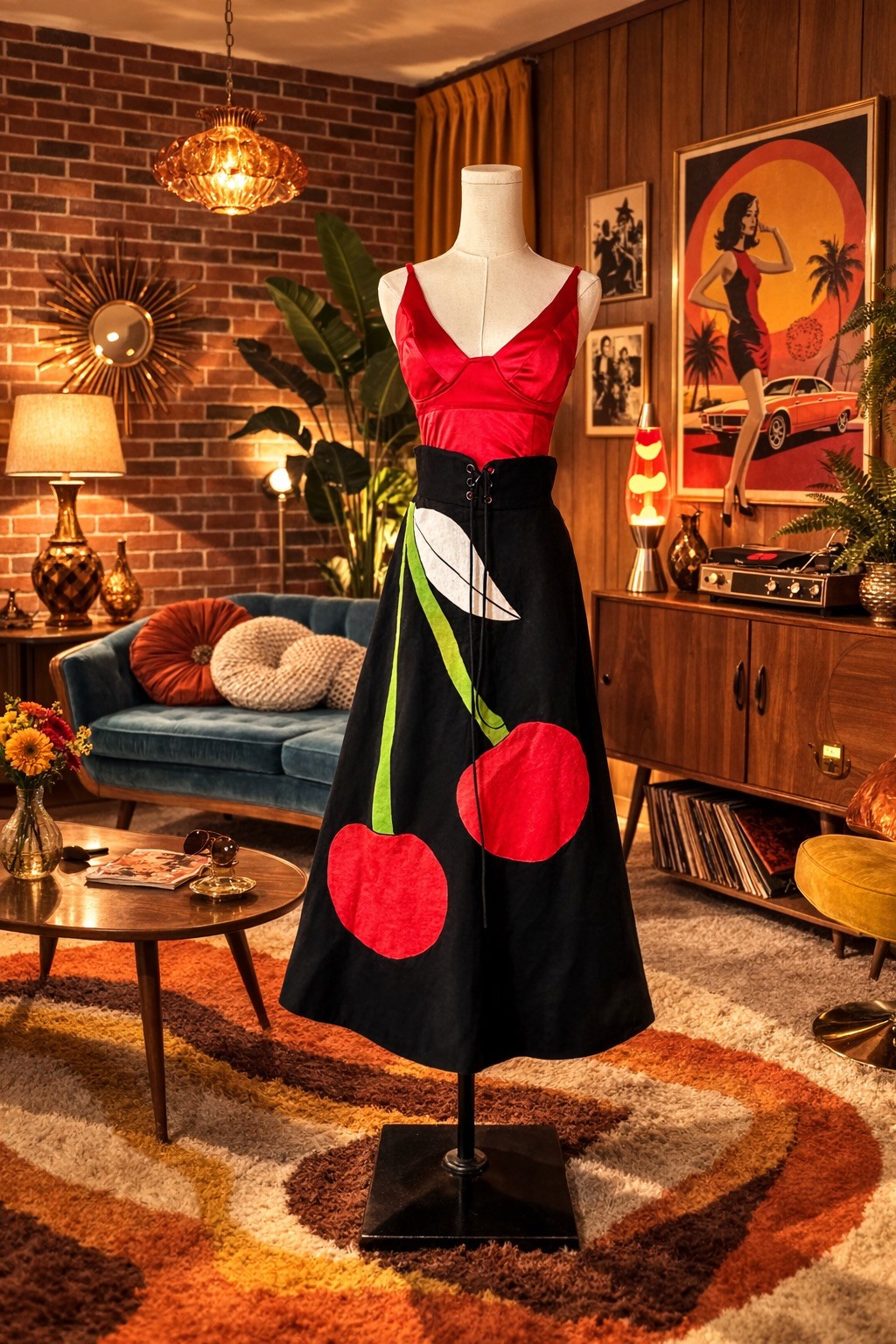 1970s Wool Felt Skirt, Huge Cherries Applique by „Trivia by Charm of Hollywood”
