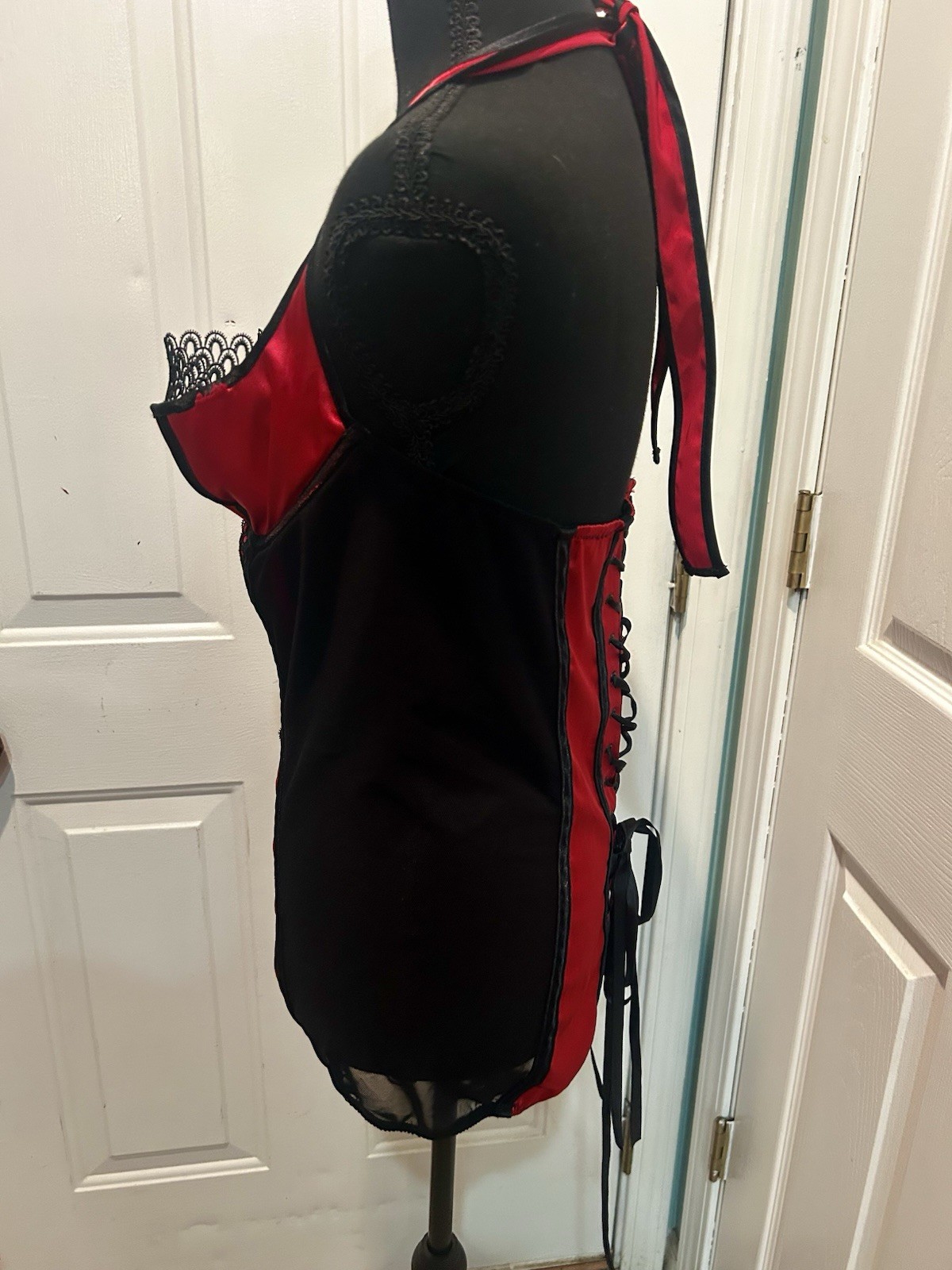VTG Shirley of Hollywood Red Satin Black Mesh Lace Corset Style Lingerie Dress
