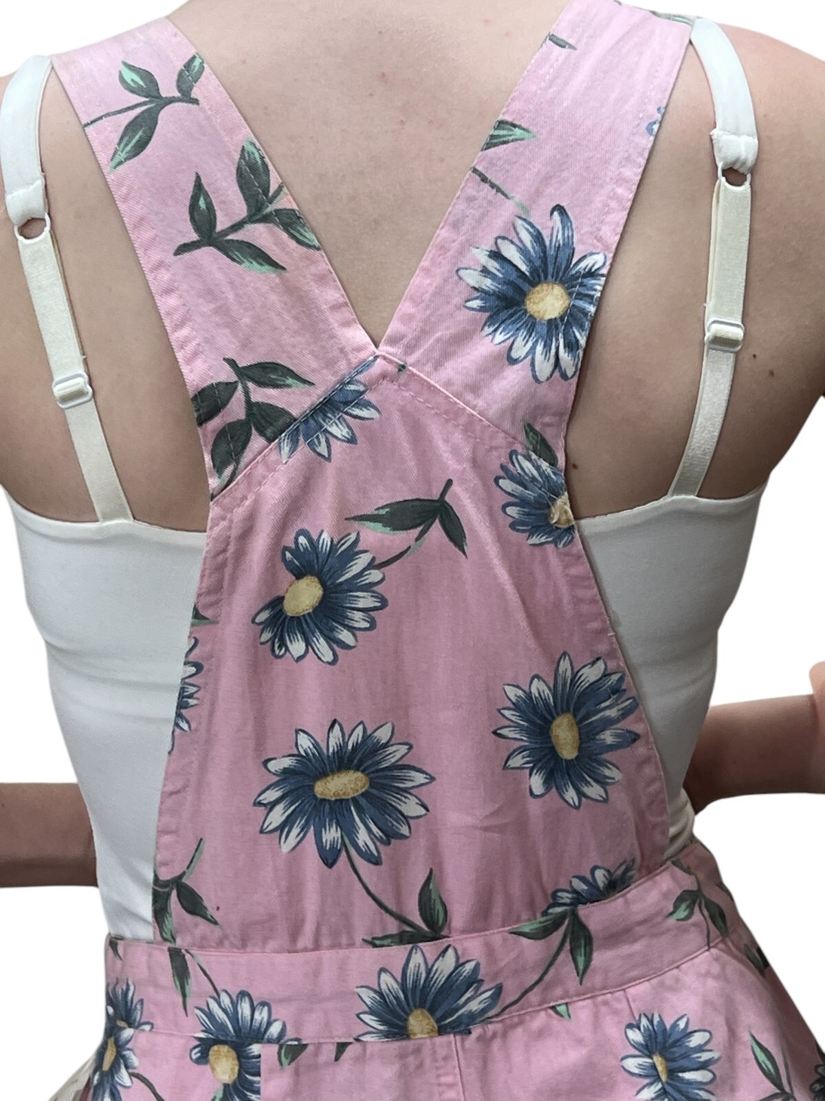 NOS Vtg 80s S/M Bib Pink Denim Skort Suspender Flap Shorts Playsuit Blue Daisies