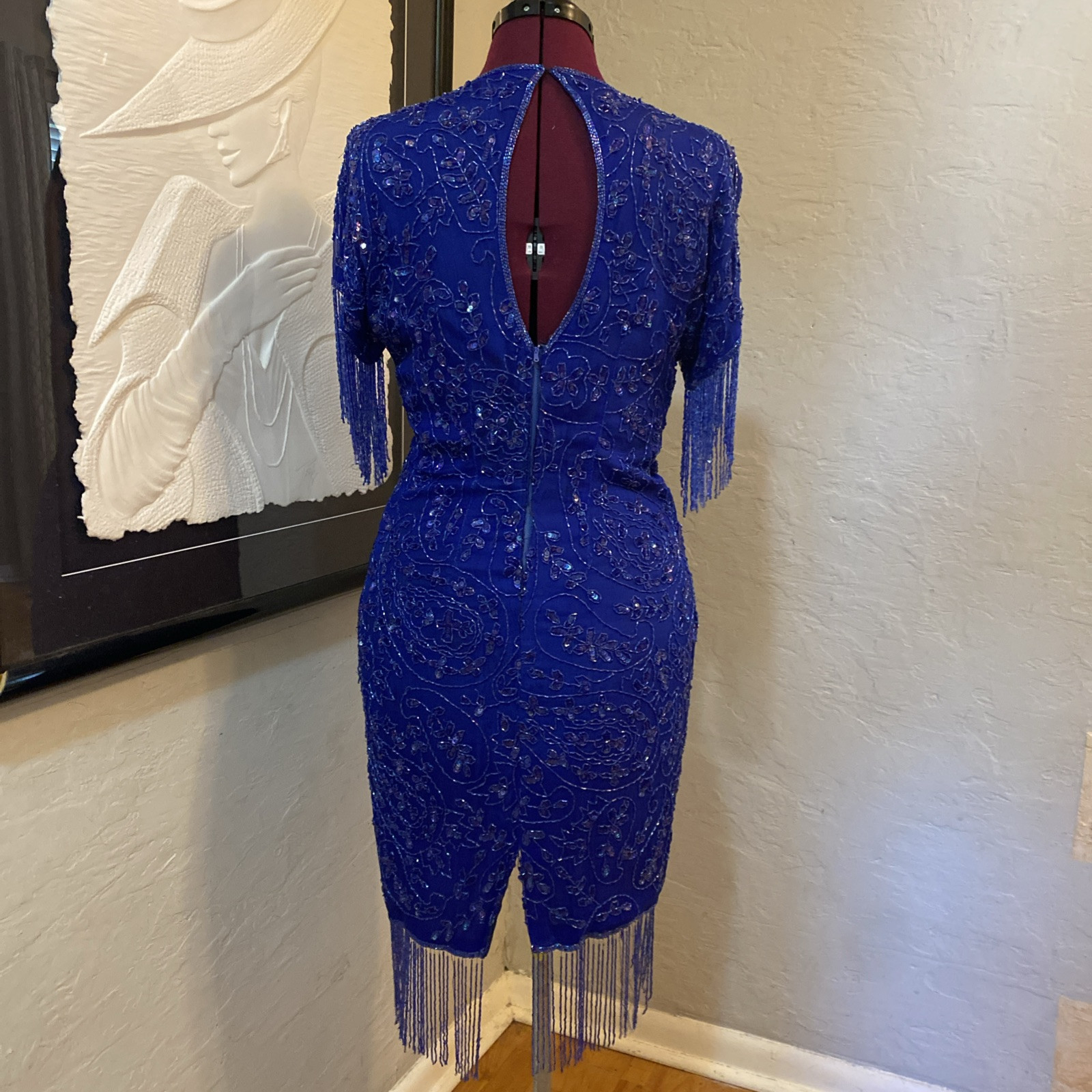 Vintage 80s Dark Blue Silk Sequin Beaded Fringe Cocktail Formal Mini Dress Med
