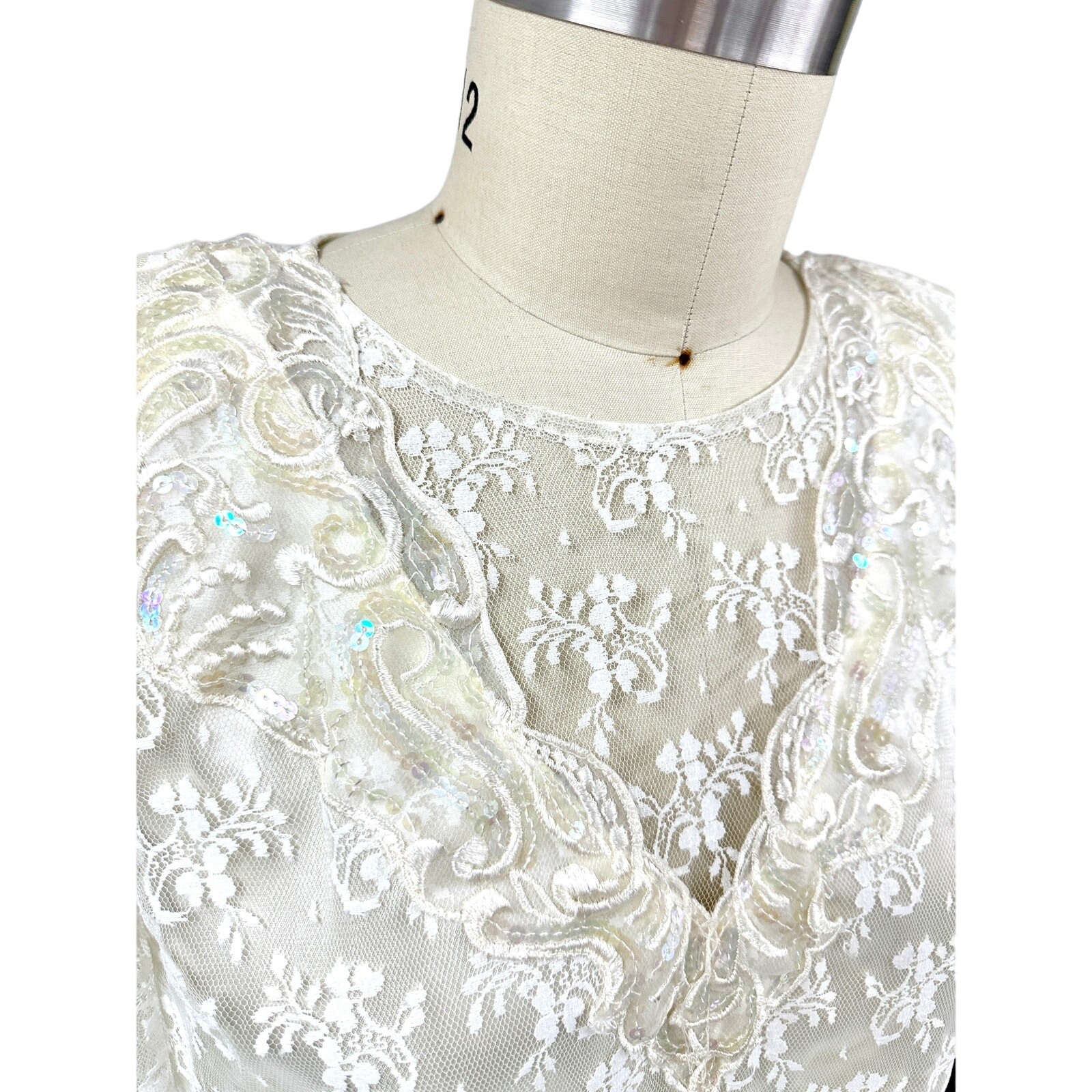 1980s Vintage Scott McClintock Ivory Lace Dress 1920s Style Wedding 16W gatsby