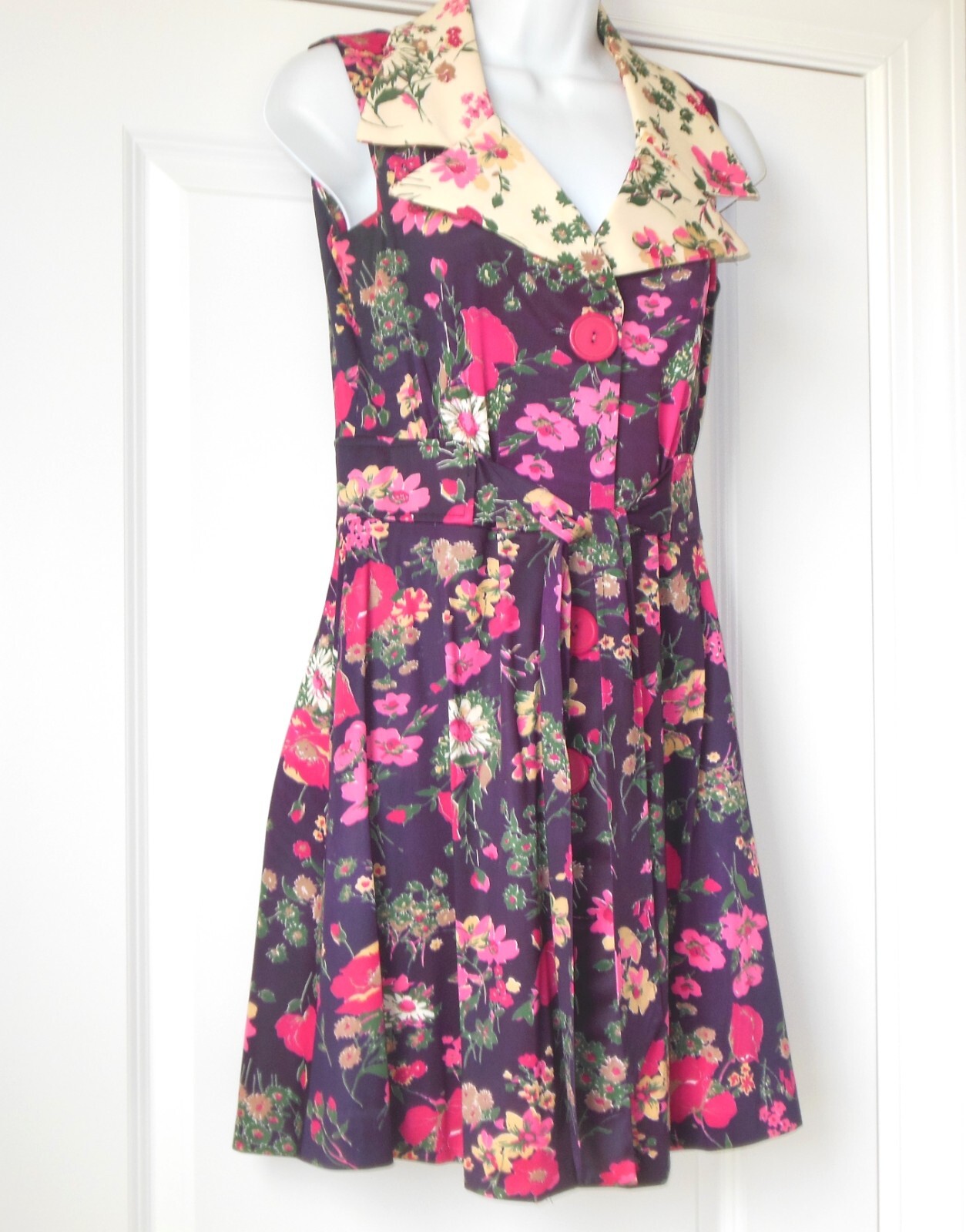 Vintage Floral Dress sz ~S Large Collar Button Front w Belt 60’s 70’s Sleeveless