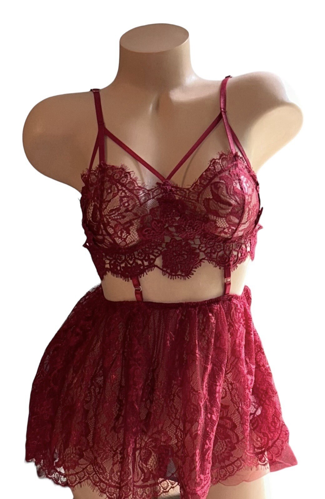 Avidlove Maroon Shiny Silky Lace Sheer Romper Nightie Women’s S NOS