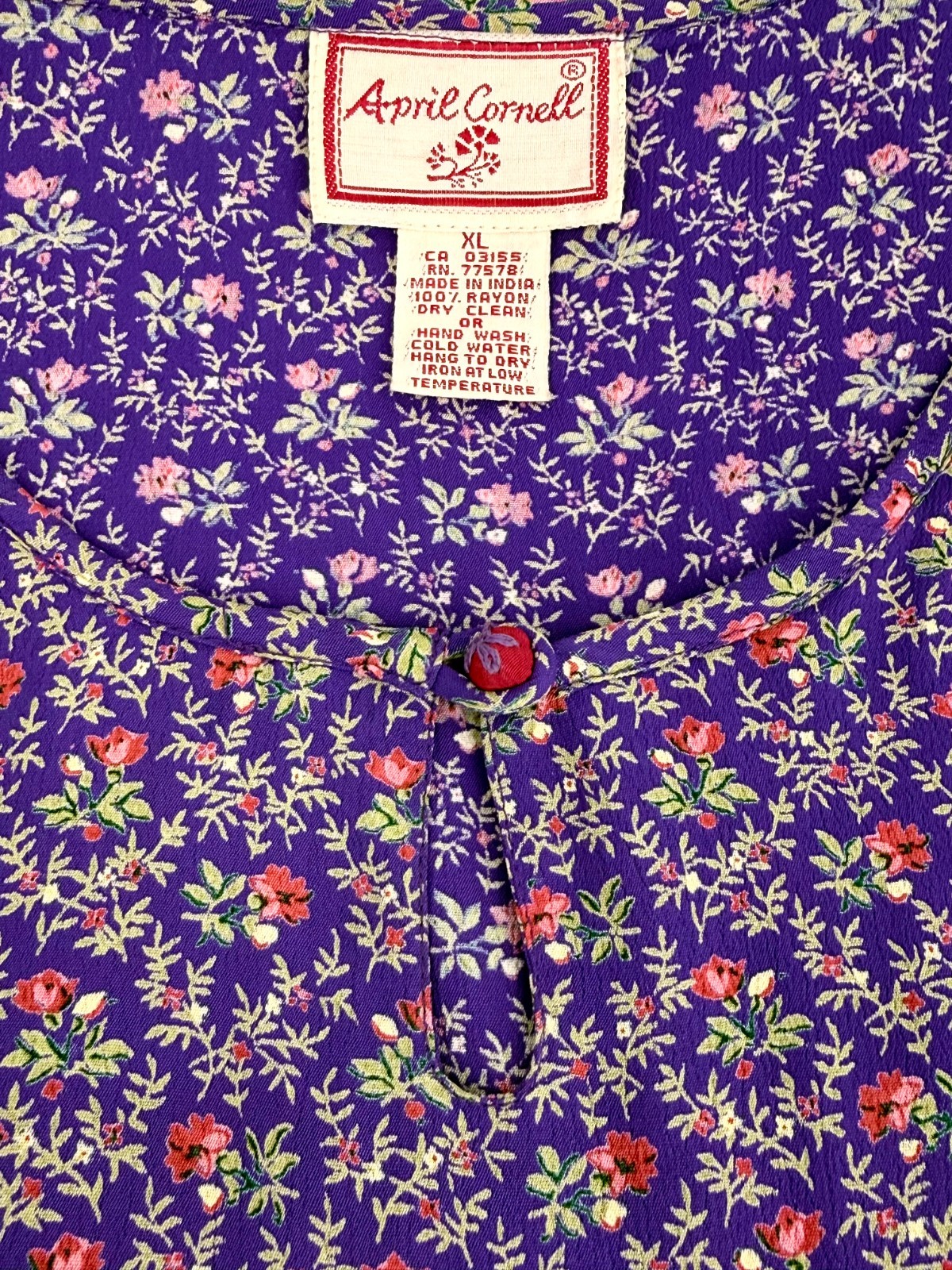 VTG 90s April Cornell Purple Ditsy Floral Rayon Maxi Shift Dress XL Cottagecore
