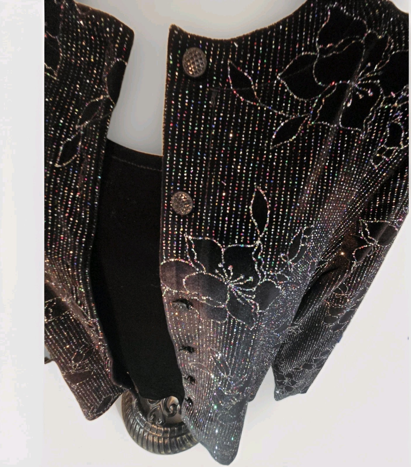 VTG Moonlighting Womens Black Velvet Tank Top With Glitter Flower Jacket Sz M