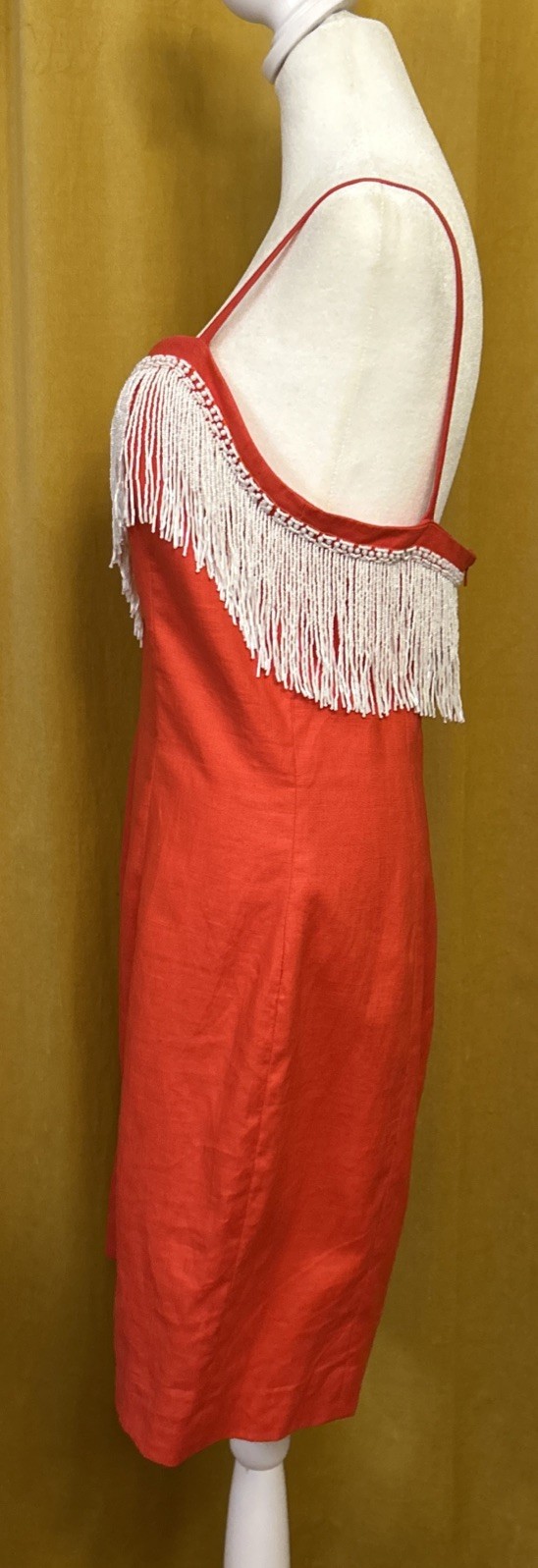 Vintage Pia Rucci Dress Red Linen Short White Beads Fringe Party 10 Medium 6/8