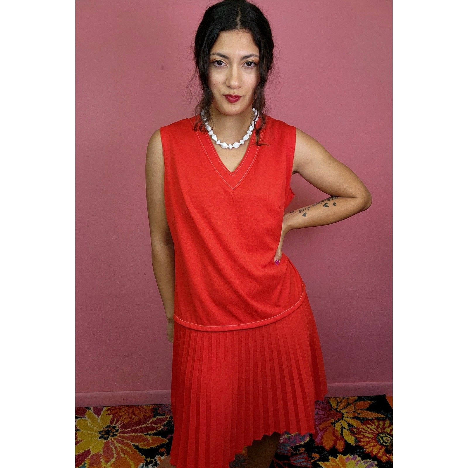Plus Size Vintage 1970’s Red Drop Waist Pleated Skirt Knee Length Dress