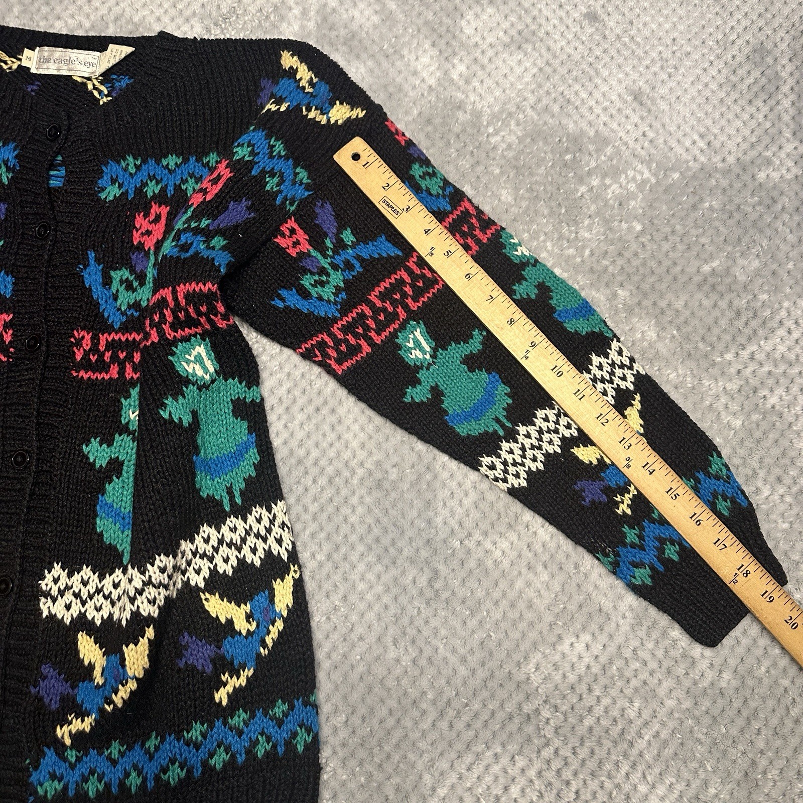 Vintage The Eagle’s Eye Chunky Cardigan Knit Sweater Medium Black Neon Flowers