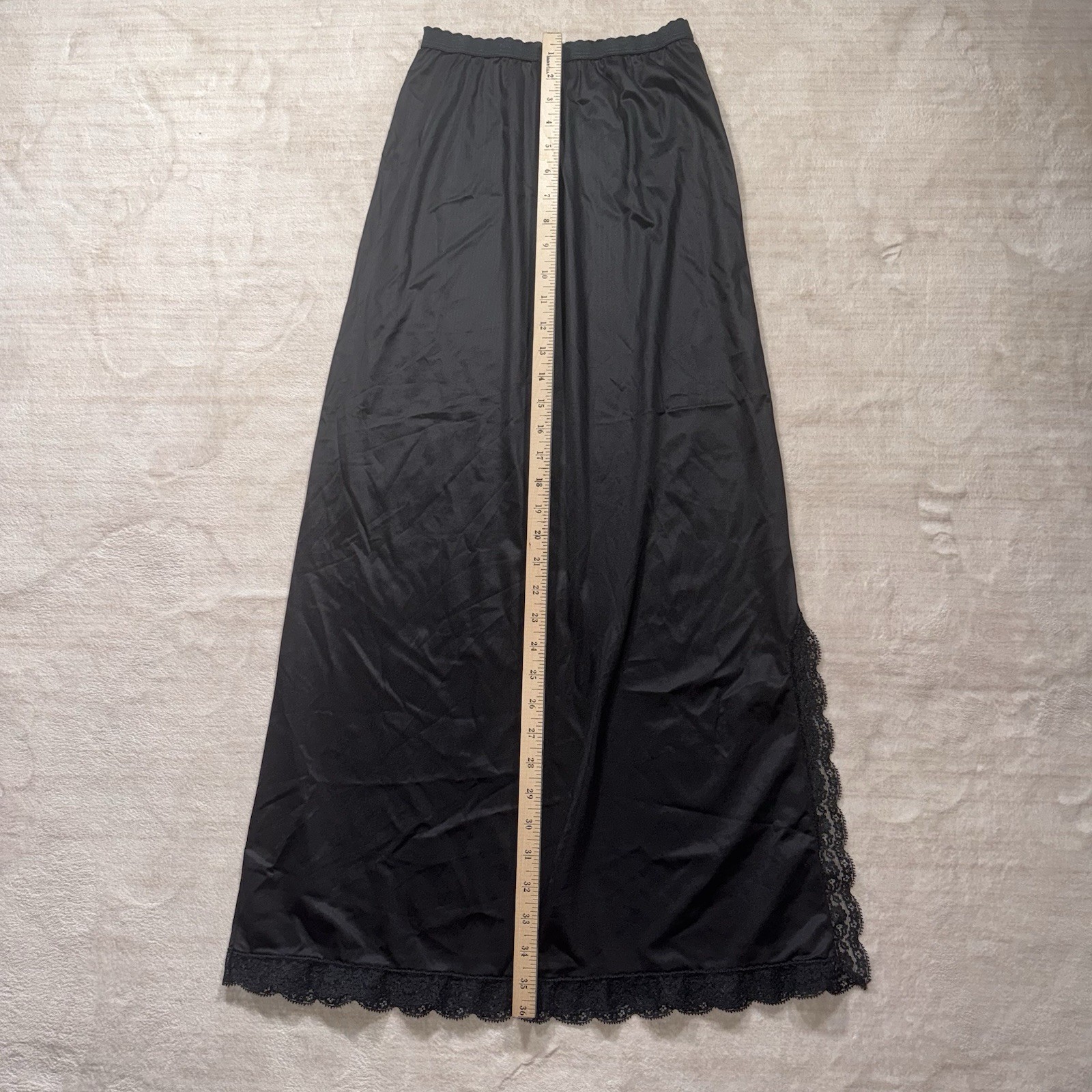 Vintage Velrose Black Maxi Slip Medium 36” Nylon Lace Trim Elastic Waist USA