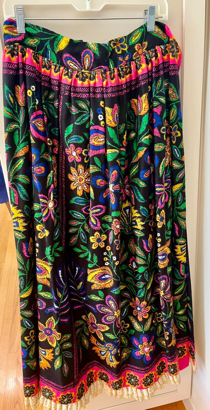 Vintage c. 1970 I. Magnin Floral Ethnic Neon Colors on Black Long Wrap Skirt