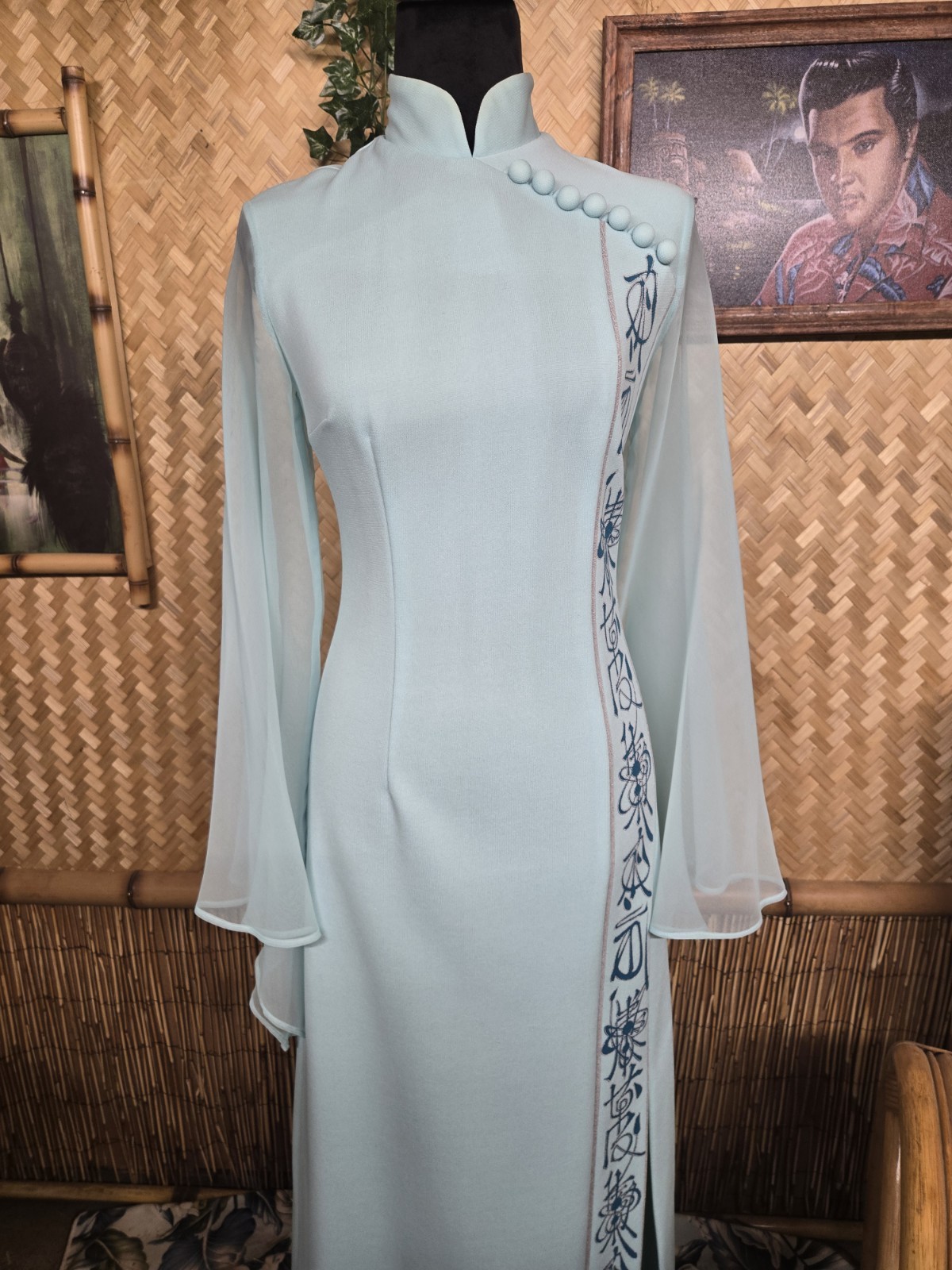 Vintage Shaheen Asian Inspired Hawaiian Aloha Dress In Rare Light Blue w1189
