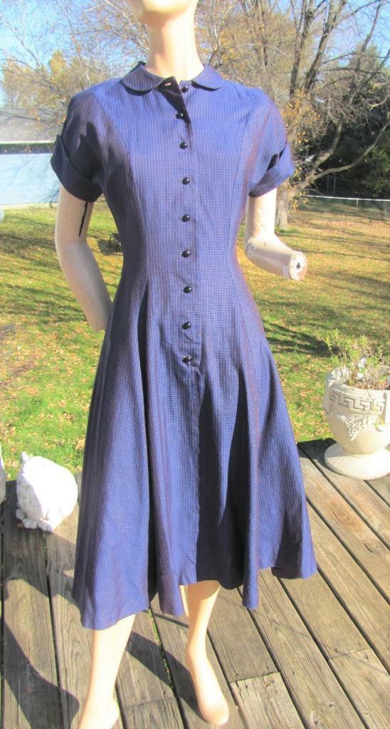 1940S NAVY & RED FITTED DRESS FLAIR SKIRT SHOULDER PADS PRINCESS SEAMS 26W