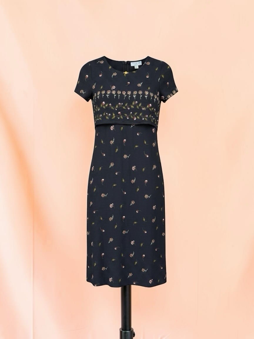 Vintage 90s Grunge Black Floral Midi Dress Size Xsmall USA Made Whimsigoth Goth