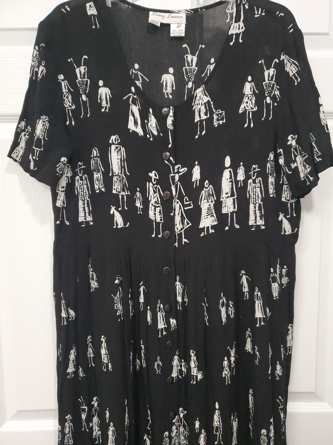 Betsy Lauren Button-Up Maxi Dress Black Size 14 Unique Pattern Of People Vtg