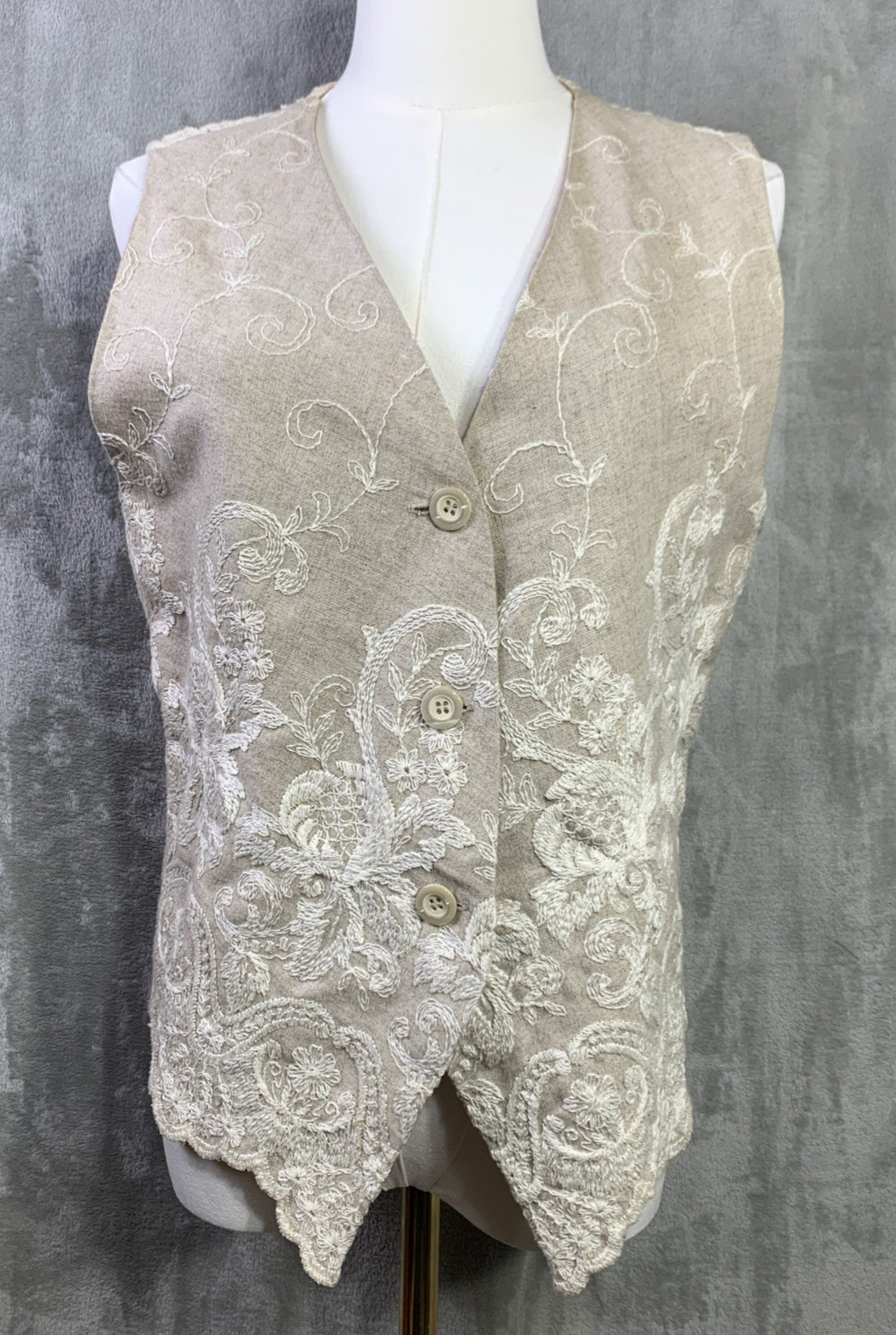 VTG ICE Vest Bge Linen Floral Embroidery Open Knit Boho Cottagecore Fairy M
