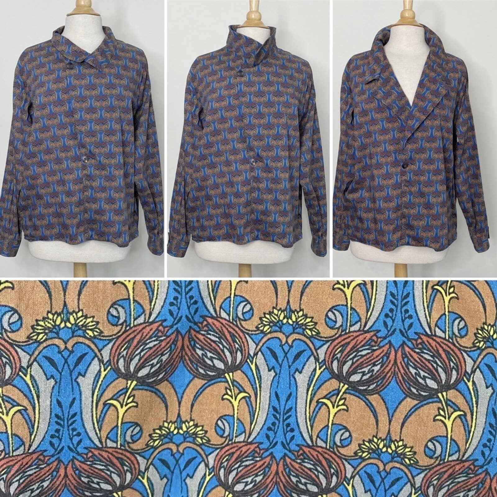 Vintage 90s top blue brown unique art nouveau floral print accent collar