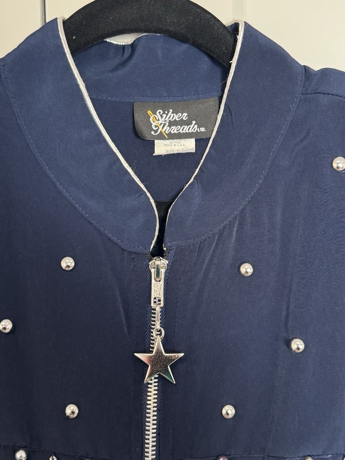 Silver Threads Navy Blue Jacket Size XL Vintage 90s Silver Stars Zip Retro