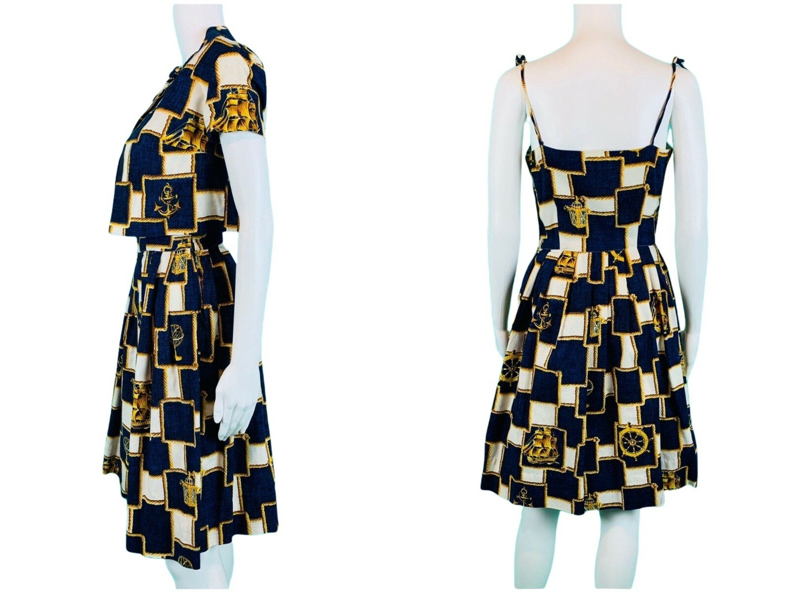 Vintage 1950s Nautical Novelty Print Dress Capelet Sundress Set W 25″