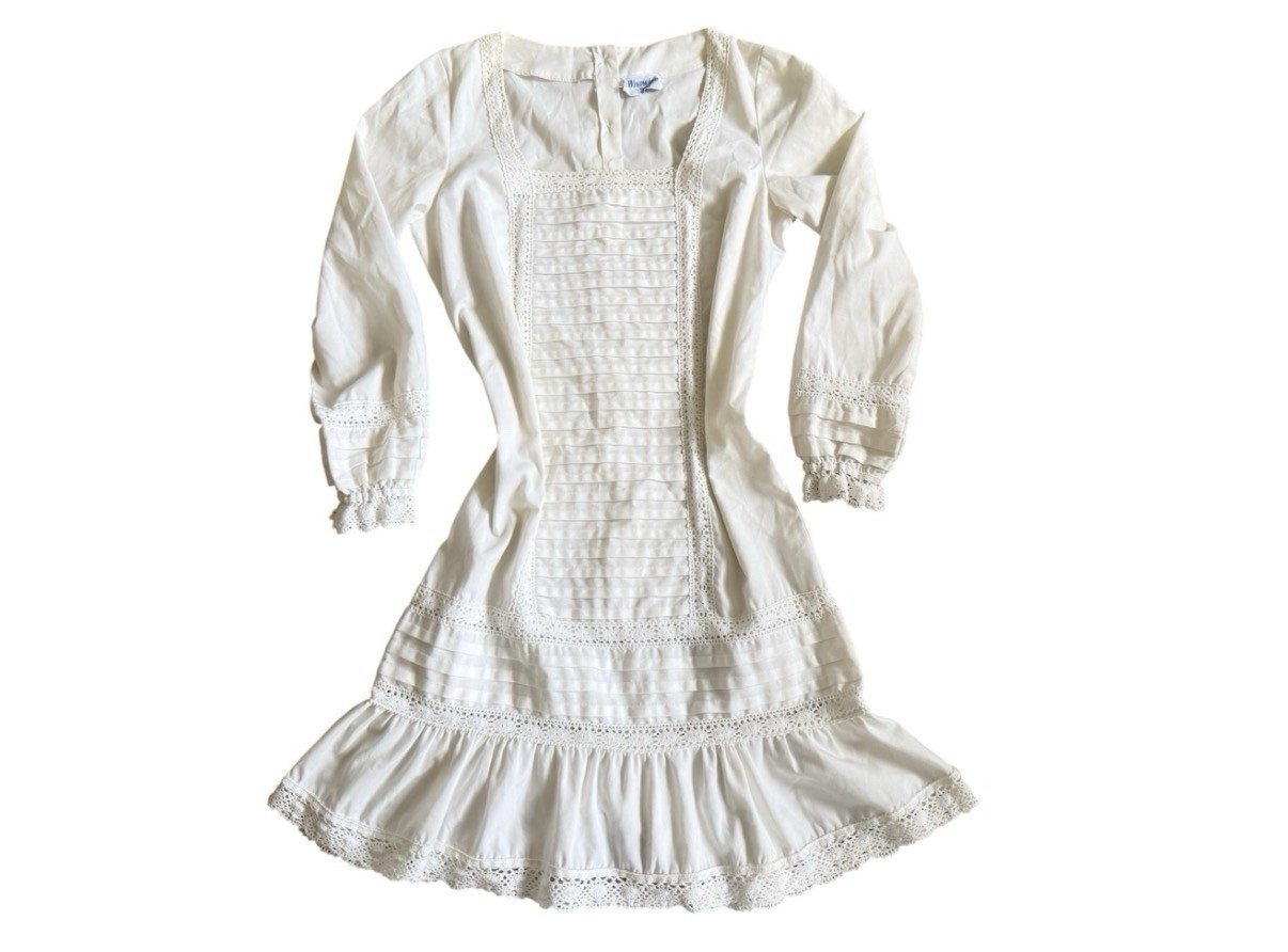 Vintage Cottagecore Windward Shop Montauk Ivory Prairie Dress M Lace Pintuck