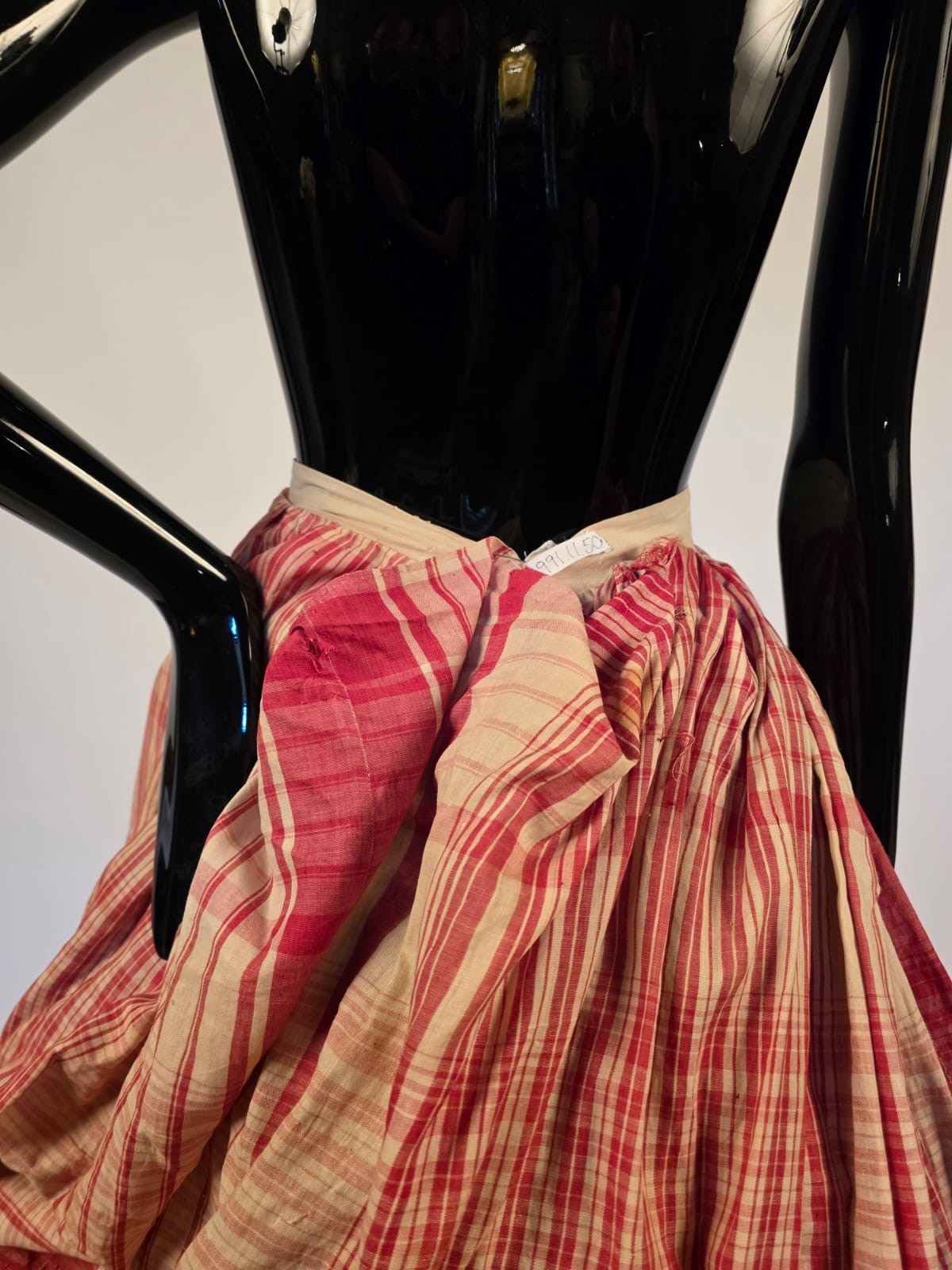 VICTORIAN 19TH C PLAID COTTON POLONAISE BUSTLE BACK OVERSKIRT SKIRT