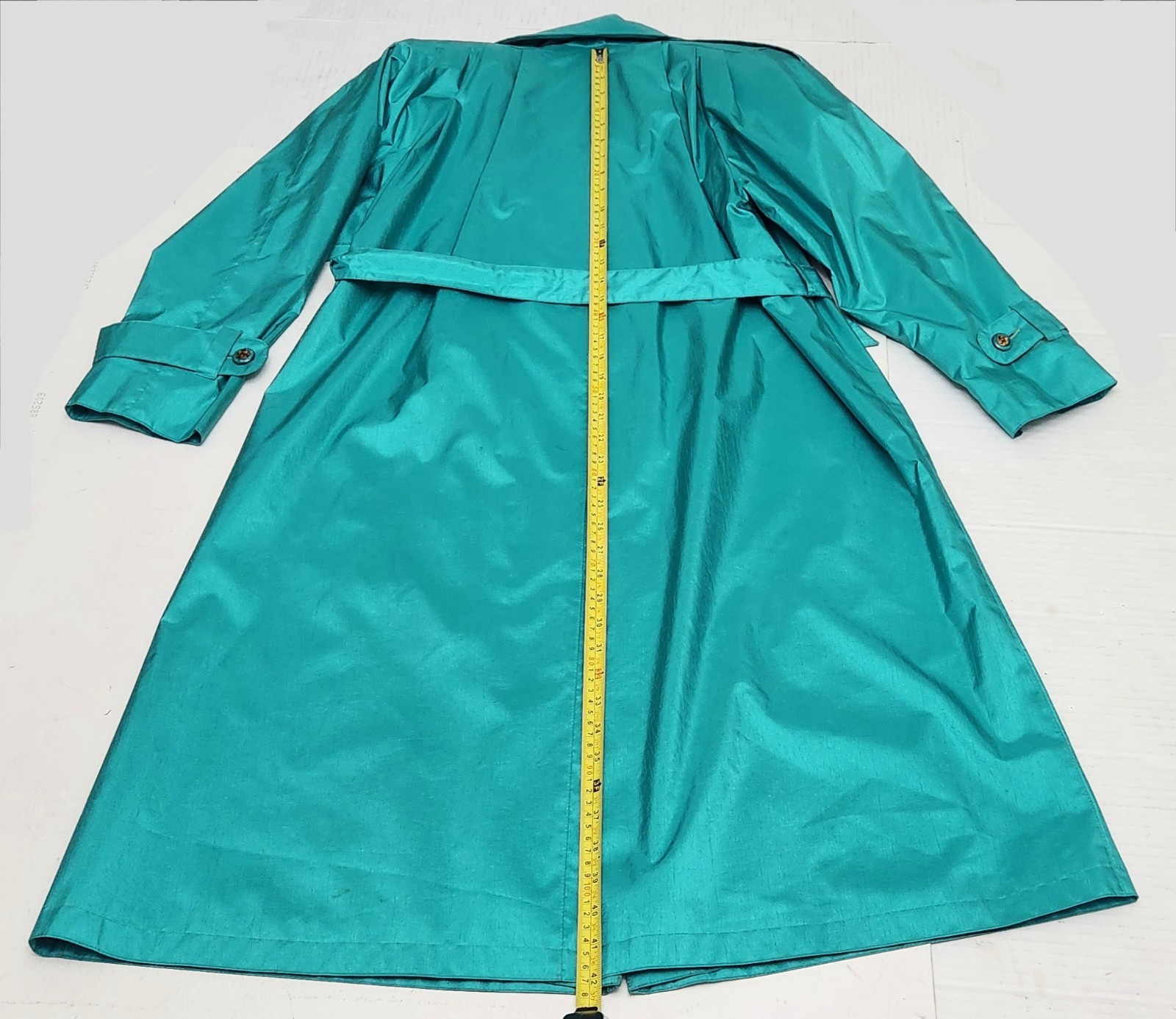Vintage 80s British Mist Women’s Shiny Teal Rain/Trench Coat 9/10 Petite VG