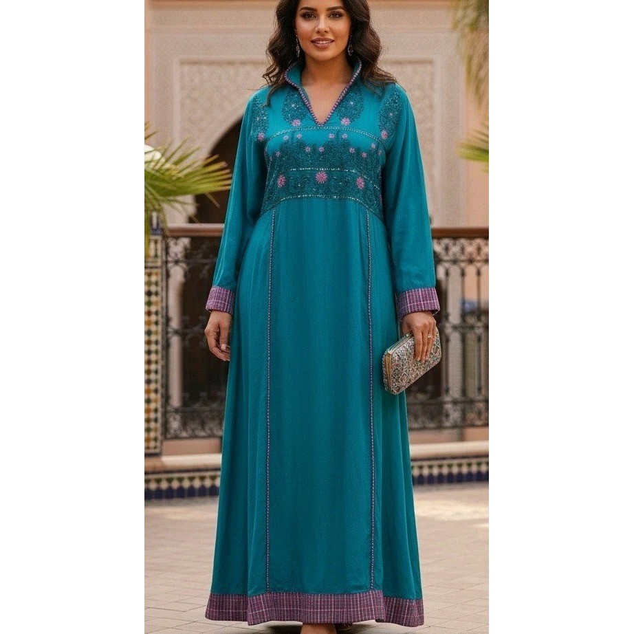 Sha Posh Maxi Dress Womens Size L Floral Embroidered Sequins Grannycore Y2K Teal