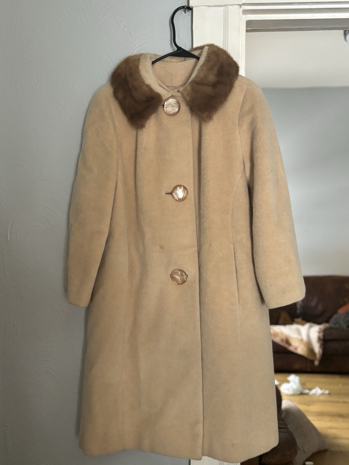 1960s Vintage Beige Wool And Brown Mink Fur Car Coat By Mar-Del By Rice