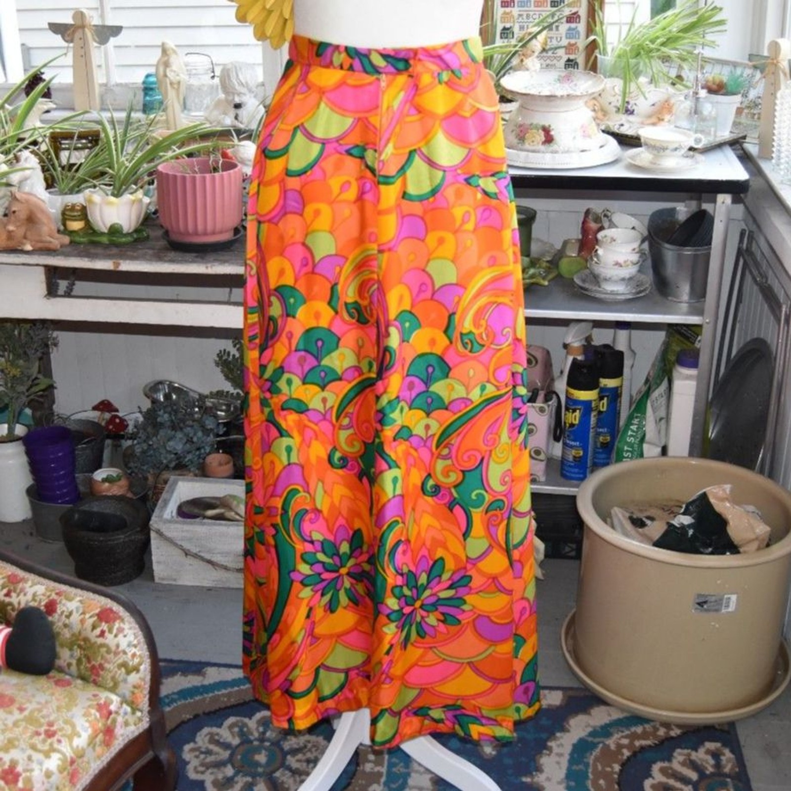 Vintage 70s Psychedelic Maxi Skirt Neon Floral Mod Hippie XS 26 Waist