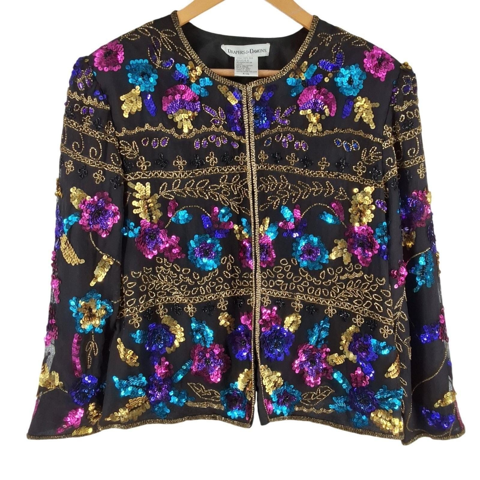 Vintage Drapers & Damons Silk Sequin Beaded Floral Evening Jacket Black PXL