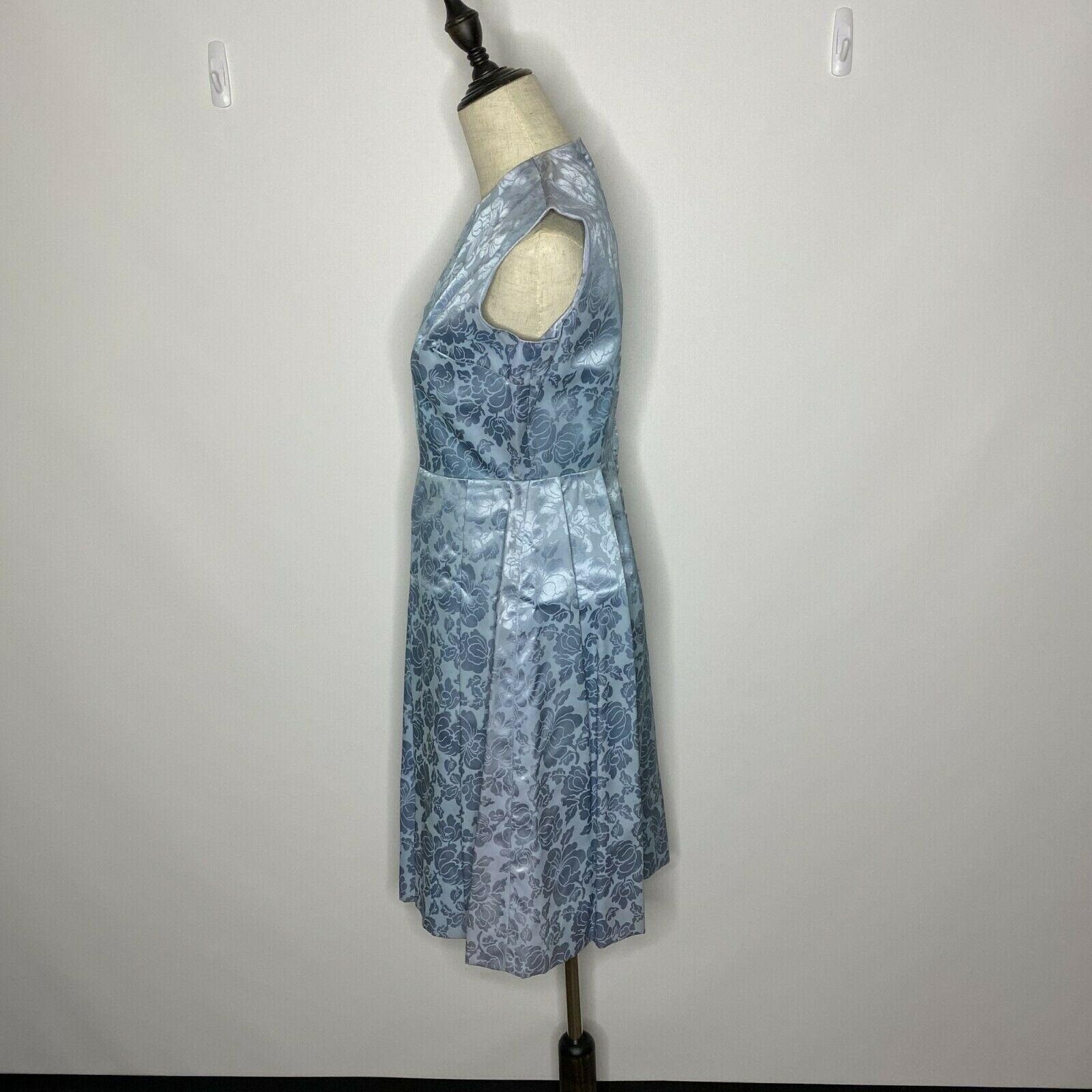 Vintage Hand Made A Line Pin Up Dress Womens XS Blue Satin Floral Mod 70’s