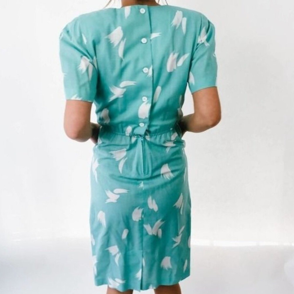 Vintage Turquoise Abstract Print Pleated Tulip Midi Dress with Pockets Teal Blue