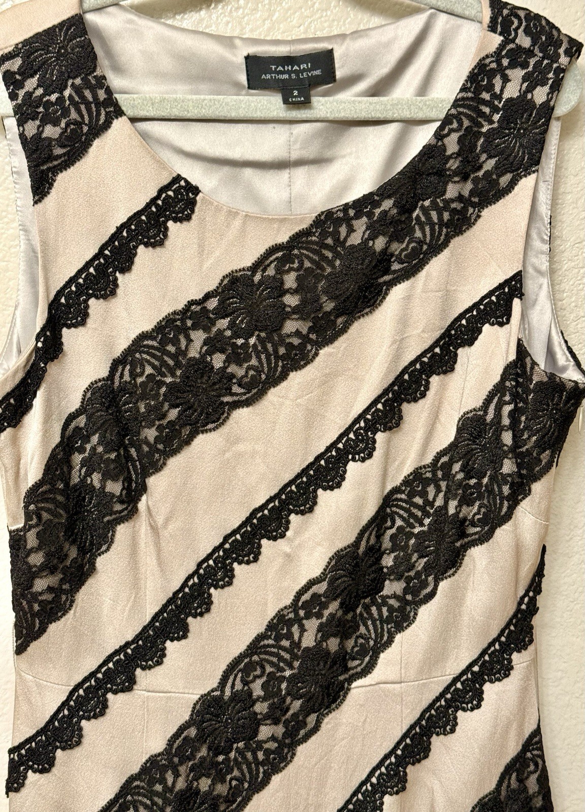 Vtg Tahari ASL Powder Pink W/Black Lace Strips Satin Lining Dress. Formal