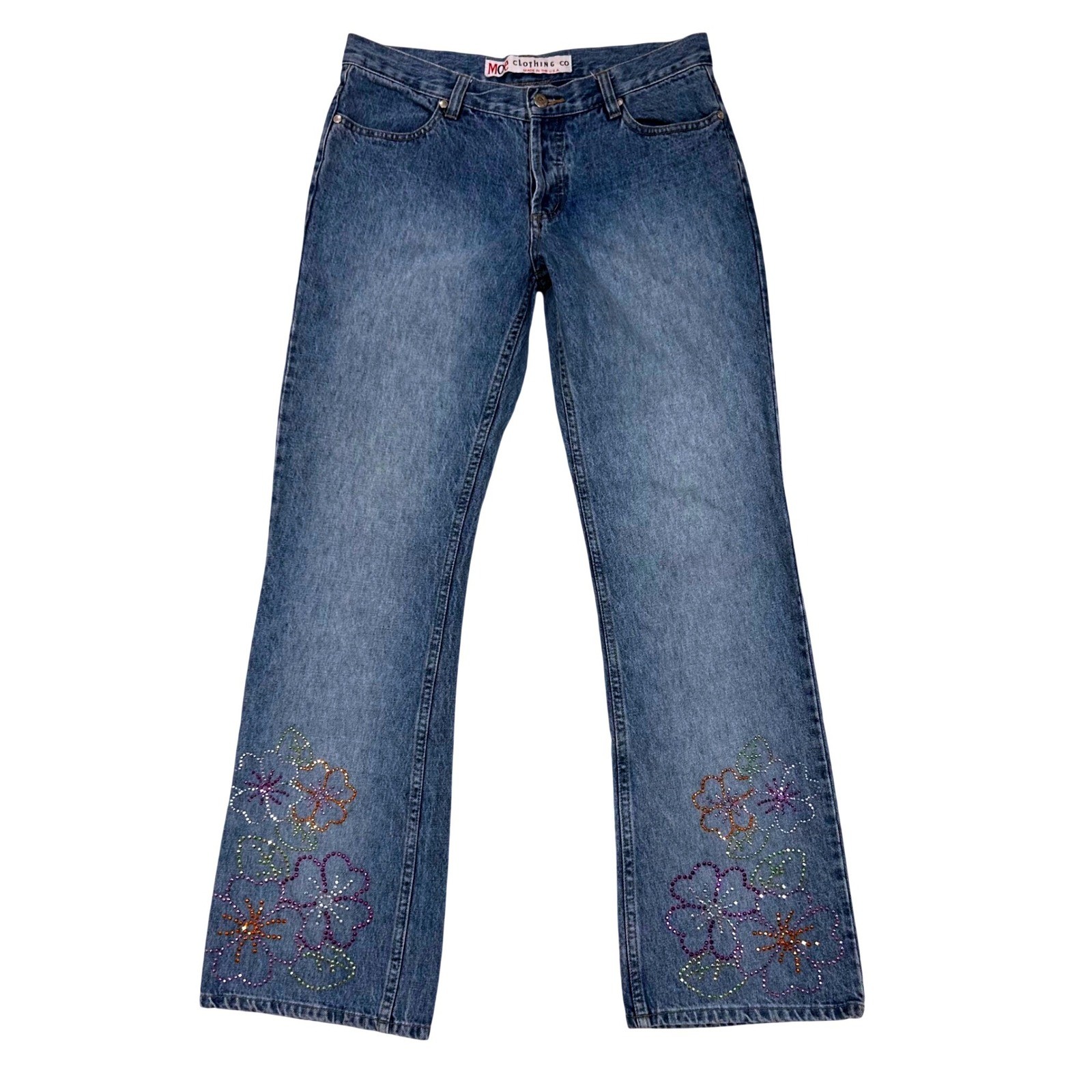 Moe Clothing Co Vintage Y2K Rhinestone Flower Flare Jeans Medium Wash Blue 11