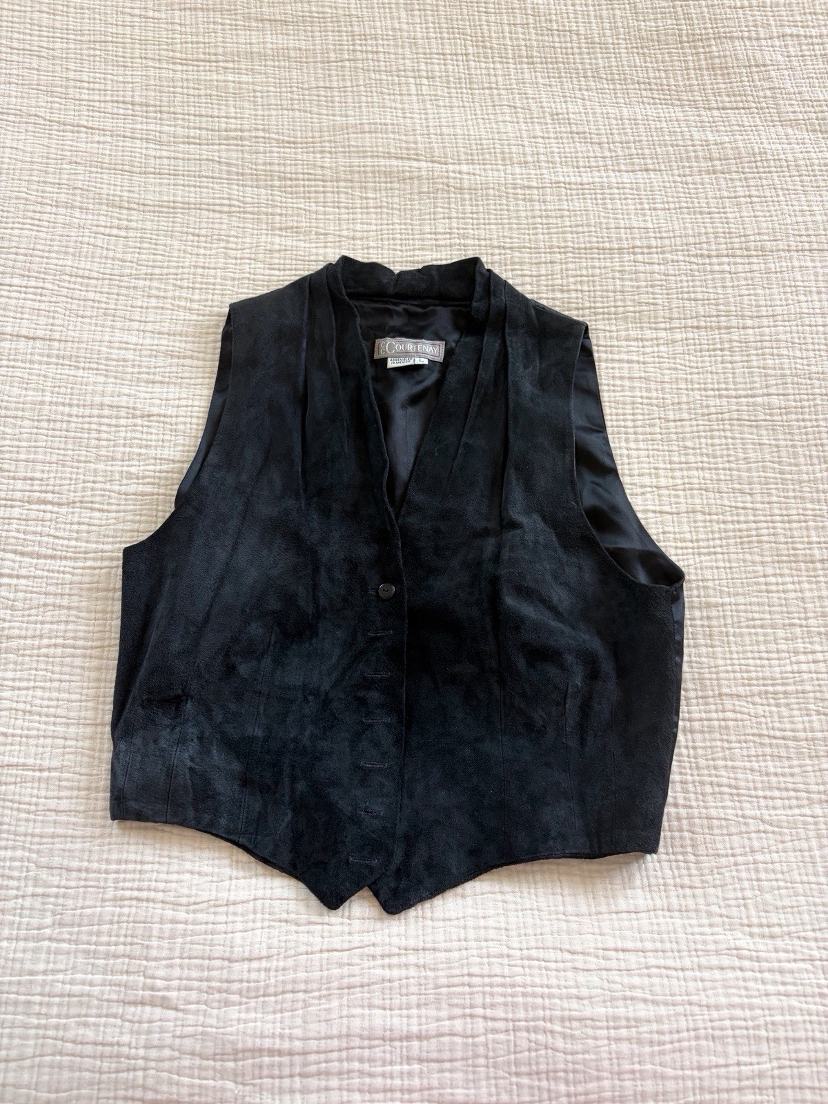Vintage 70s Suede Pig Leather And Silk Button Up Black Vest