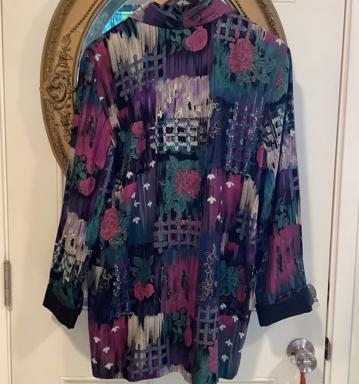 Kensington Square teal purple floral women blazer jacket size M new wave 80s
