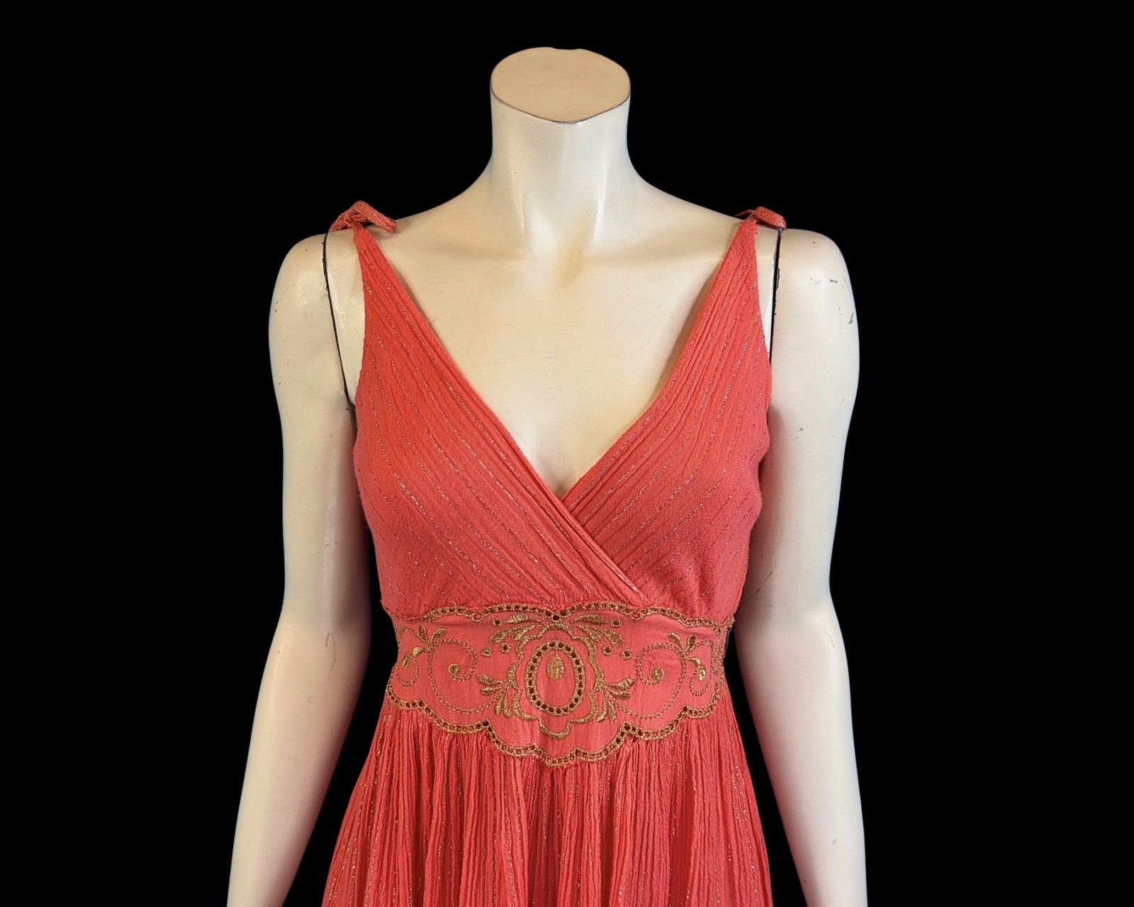 80s Greek Goddess Coral Gauze & Gold Lurex Mini Vintage Sundress | S