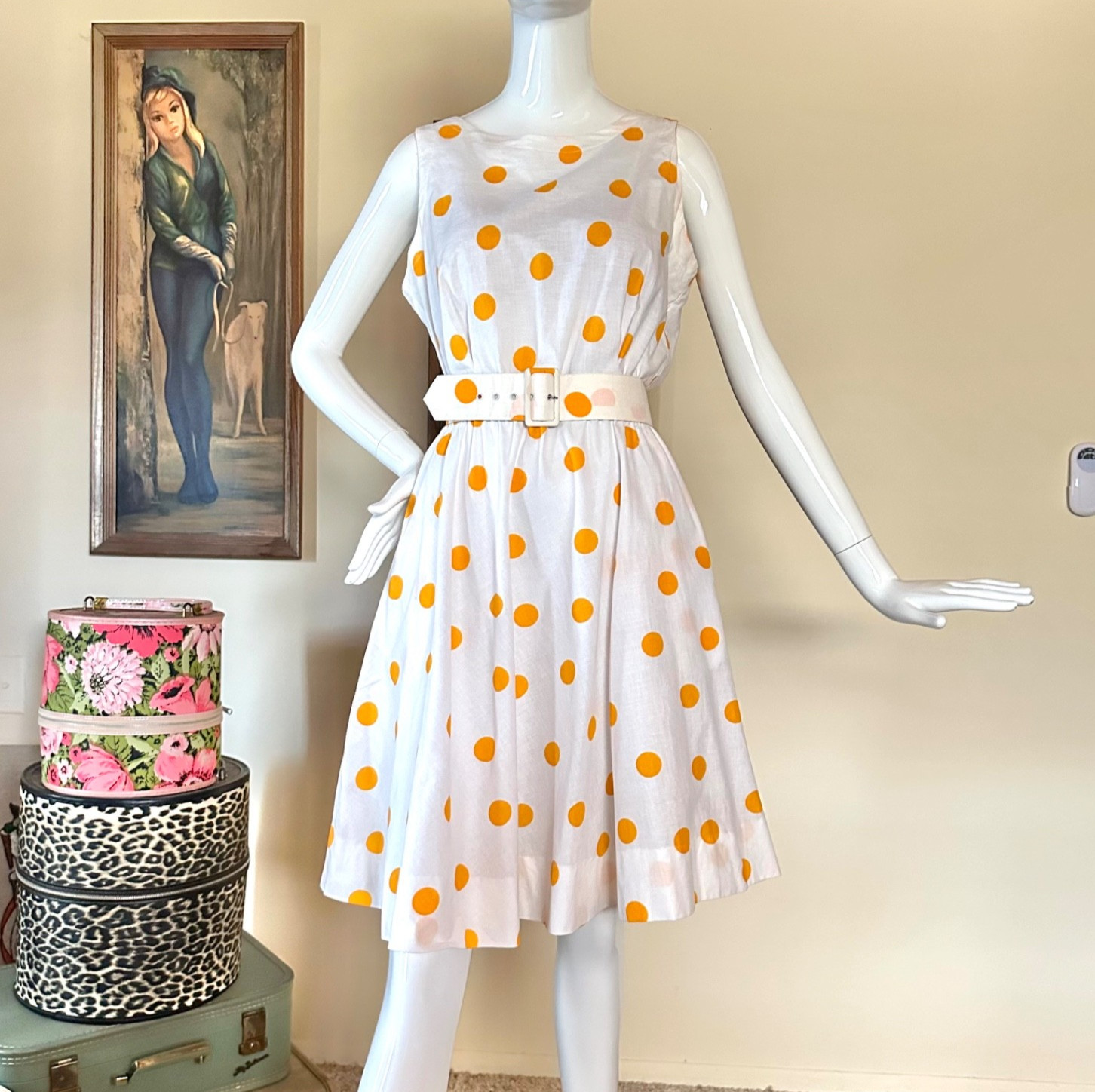 Vintage 1980s Preppy Yellow Polka-dot Skater Circle Mini Dress L Volup