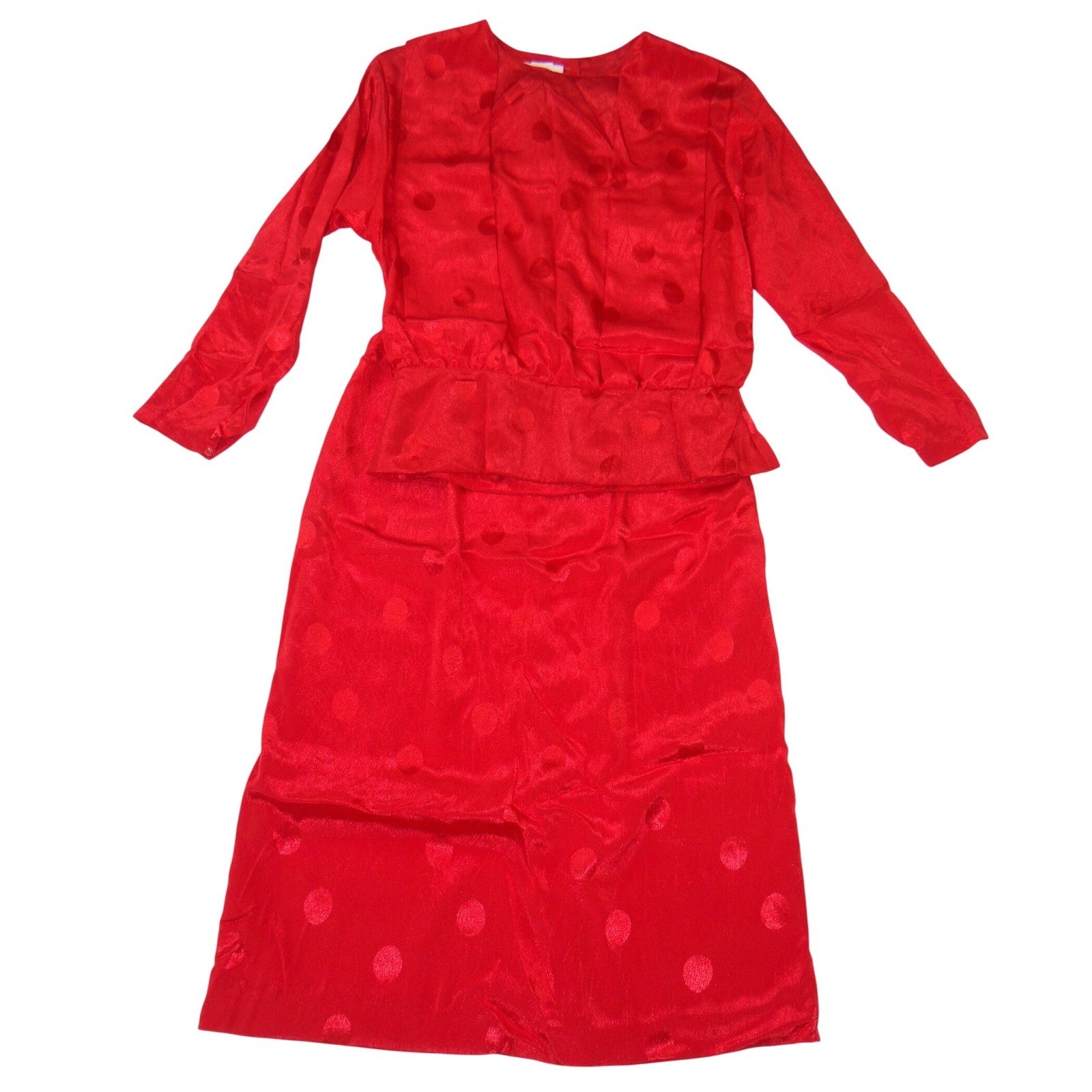 Vintage Galina Red Satin Polka Dot Jacquard Top and Midi Skirt Set Size 10