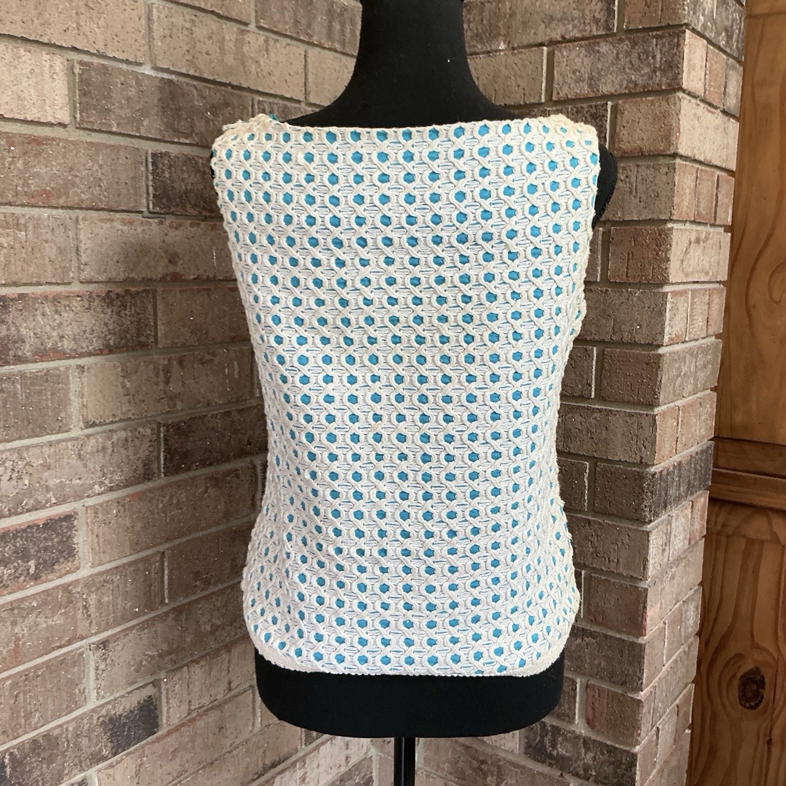 60s VTG Sally Gee Creation Cream Teal Woven Ribbon Fringe Tank Top Sz S USA 21D8
