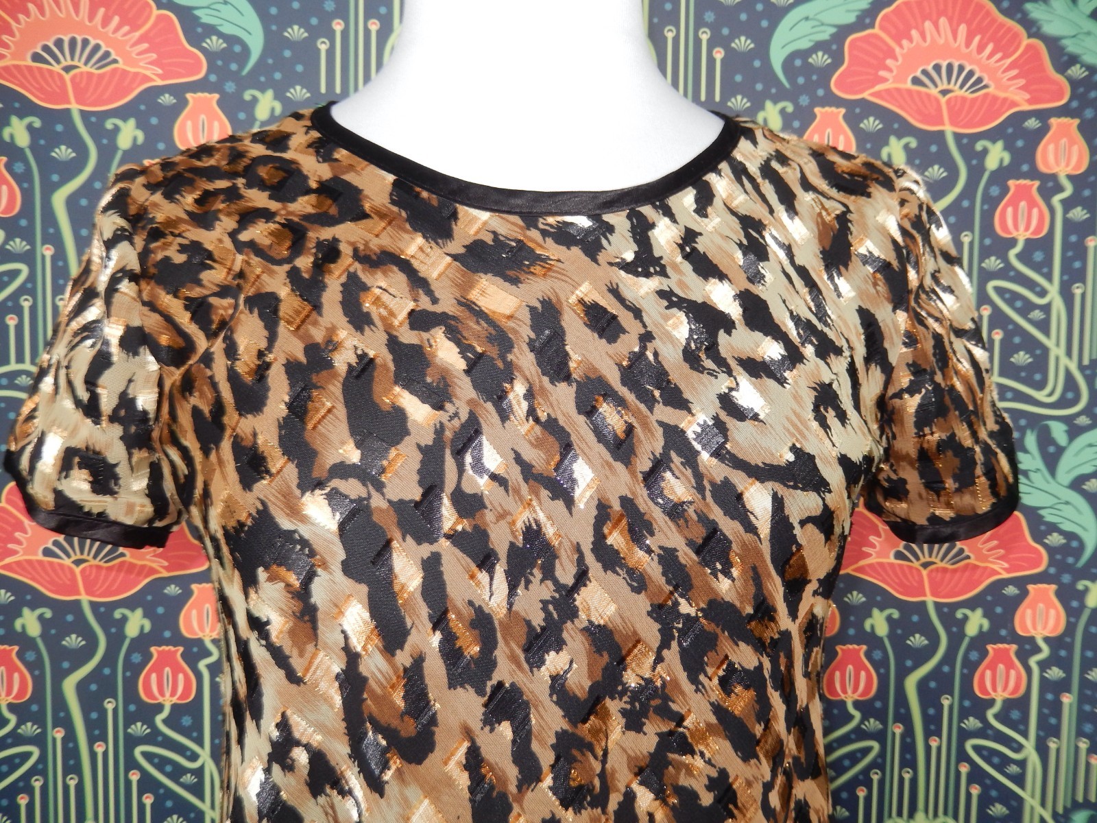 Vintage 90’s Y2K Gold Metallic Leopard Print Grunge Mini Short Sleeve Dress 4P