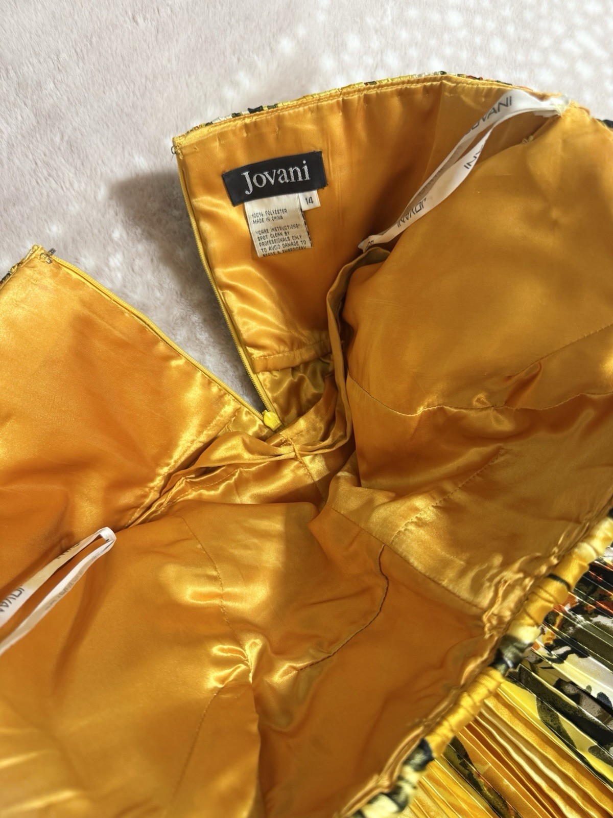 Vintage Yellow Leopard Floral Beaded Sequin Pleated Formal Gown Dress 14 Jovani
