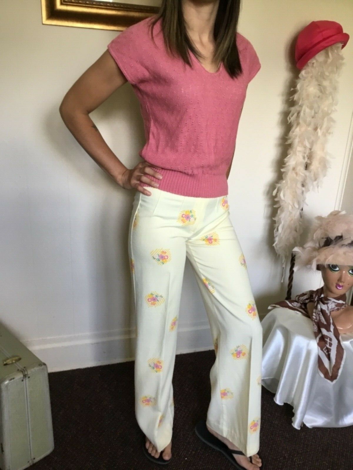 70’s Vintage Yellow Hippie Pink Floral Hi-Waist Bell Bottom Pants
