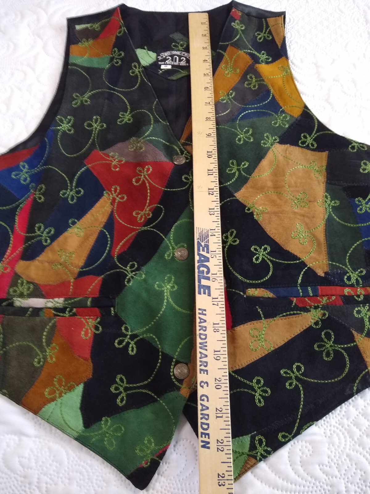 Two One Two Suede Leather Vest Womens S Patchwork Embroidery Boho Hippie Vtg