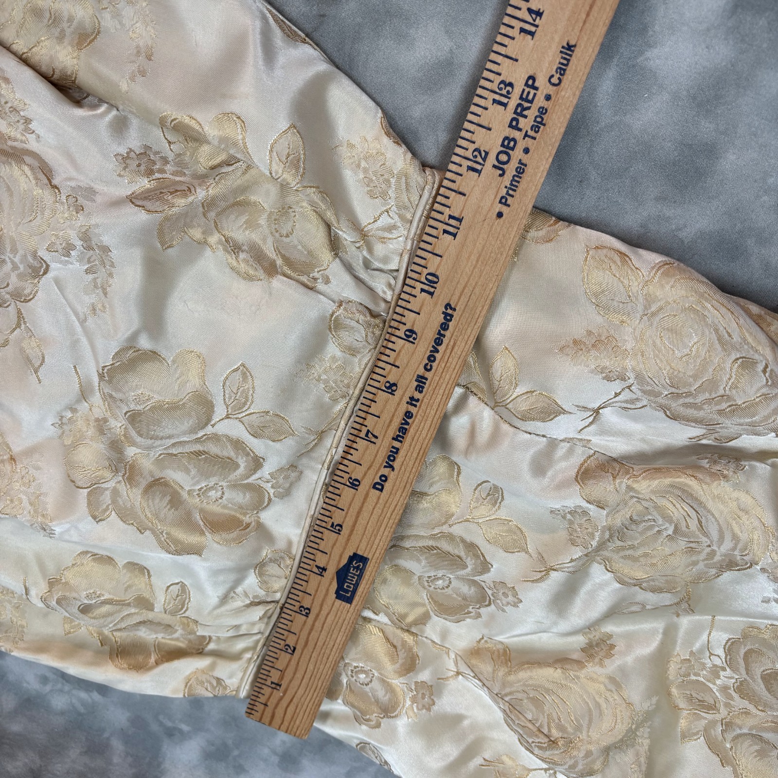 1950s Vtg Satin Brocade Formal Gown XS Champagne Rosette Waist Hand Made