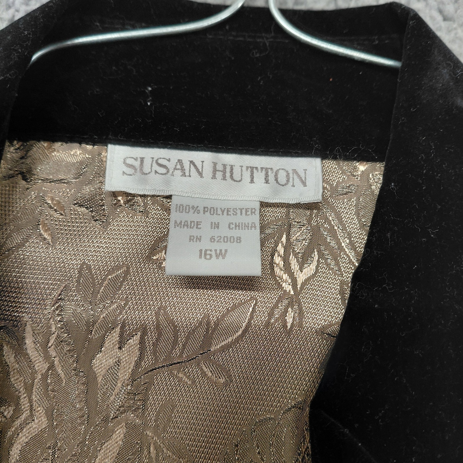Susan Hutton Blouse Womens Size 16W Gold Black Velvet Trim Button Up Long Sleeve