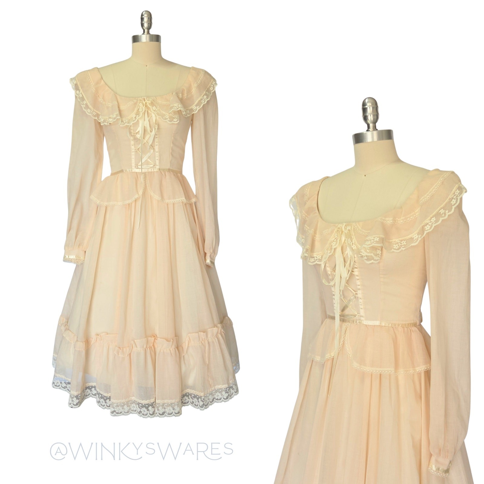 Gunne Sax Peplum Midi Dress Size S 7 9 Pink Corset Vintage 70s Prairie Bridal