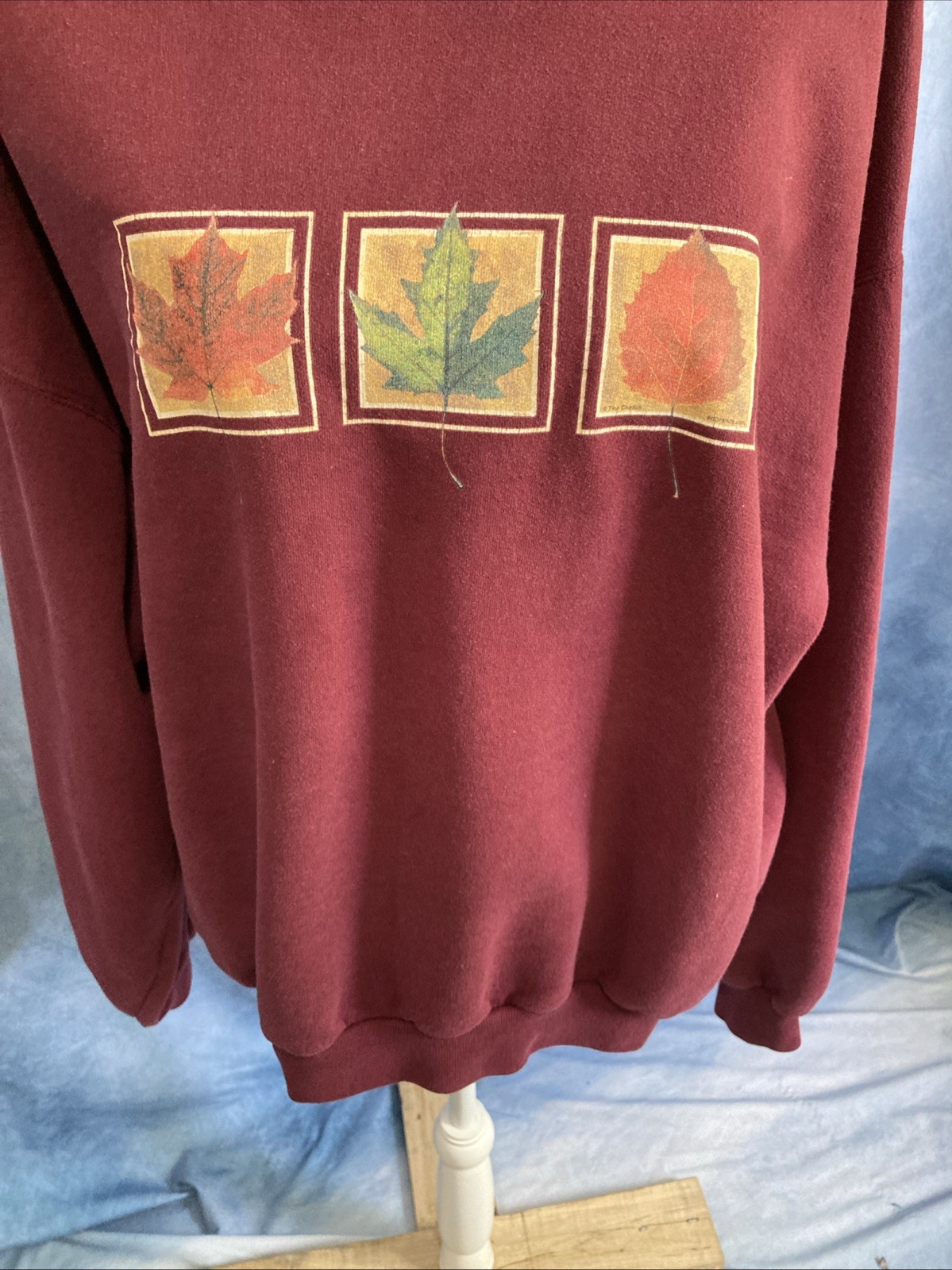 Vtg 90s Grandmacore Fall Leaves Sweatshirt Maroon Burgundy Crewneck Oversized XL