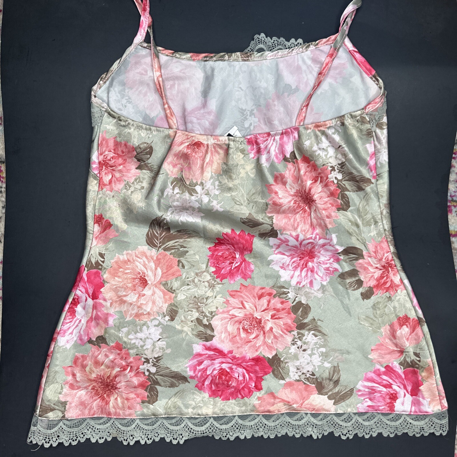 Vtg Wrapper Floral Camisole Poly Satiny Medium USA Pink Roses Peonies Tank Top