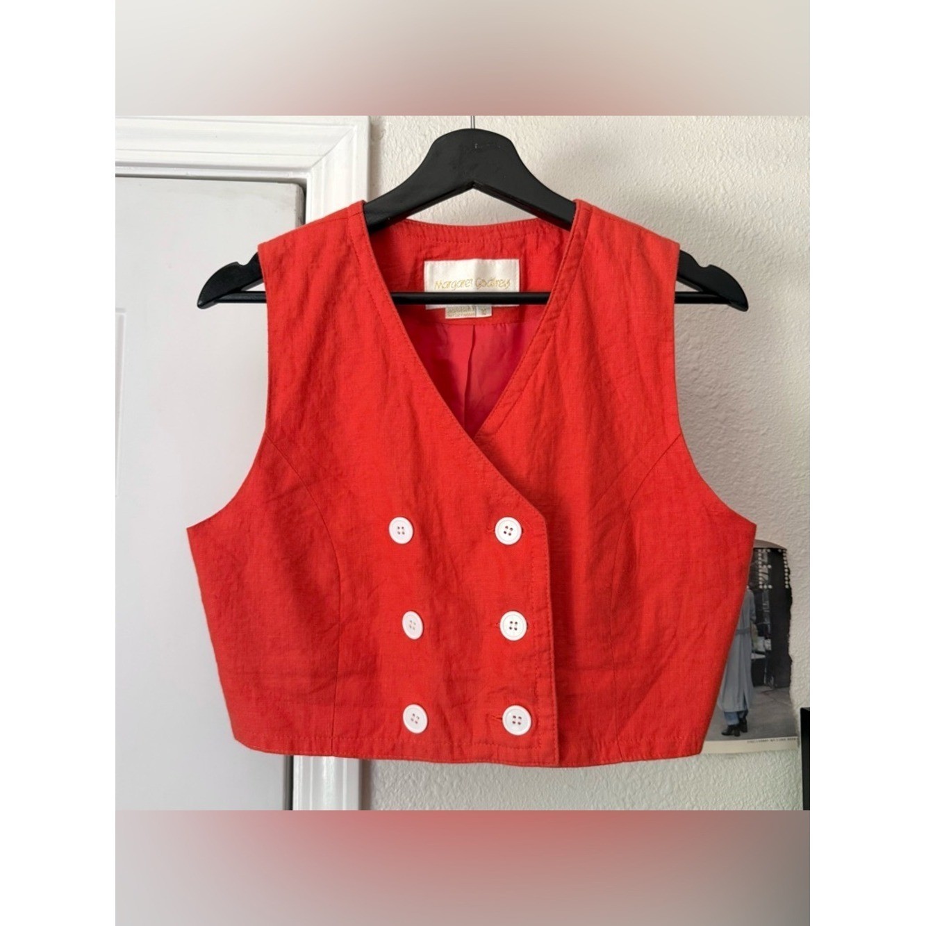 MARGARET GODFREY vintage coral red linen double breasted cropped tank top